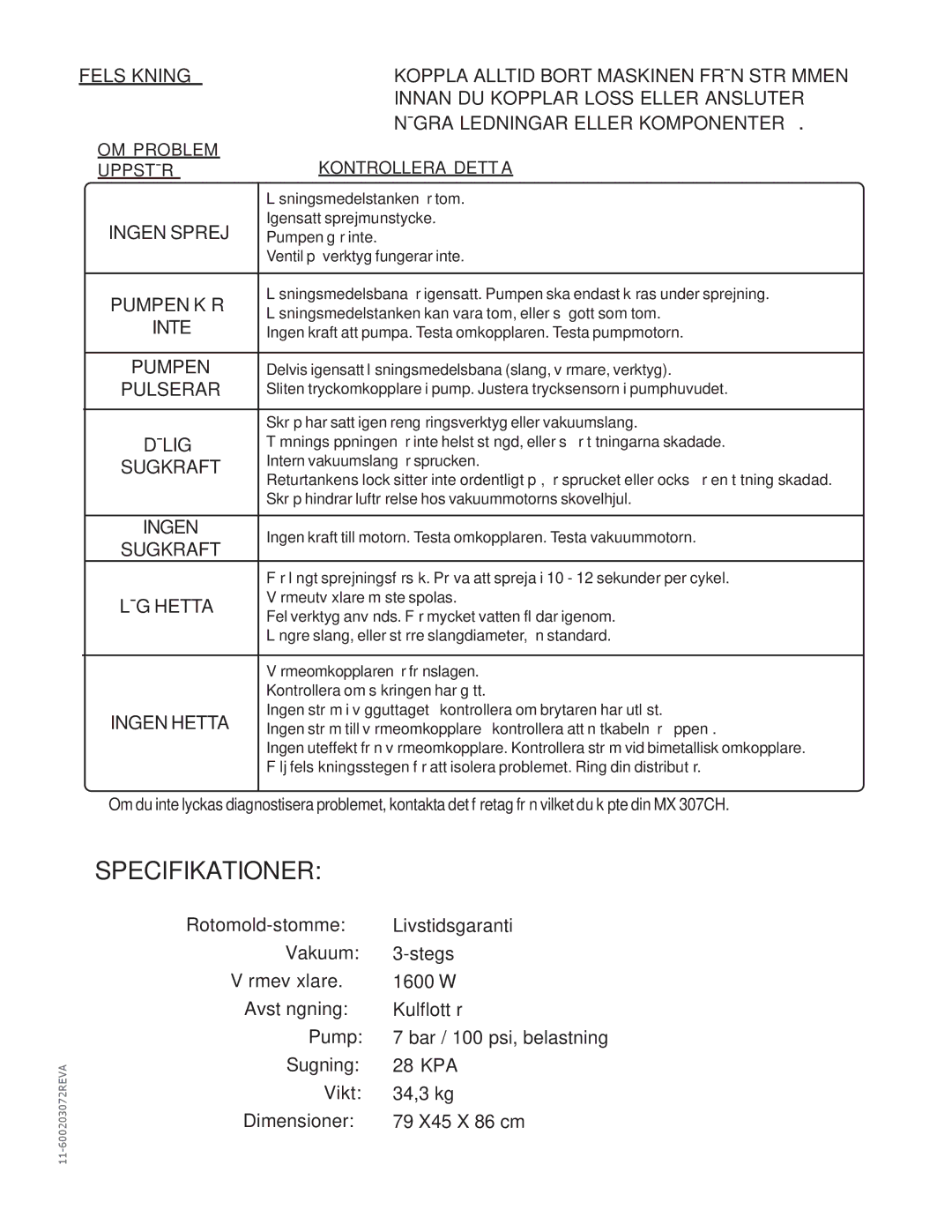 Nilfisk-Advance America MX 307 H instruction manual Felsökning 