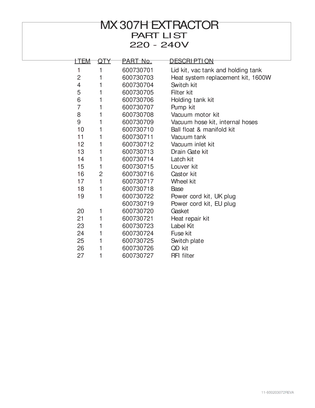 Nilfisk-Advance America MX 307 H instruction manual MX 307H Extractor 