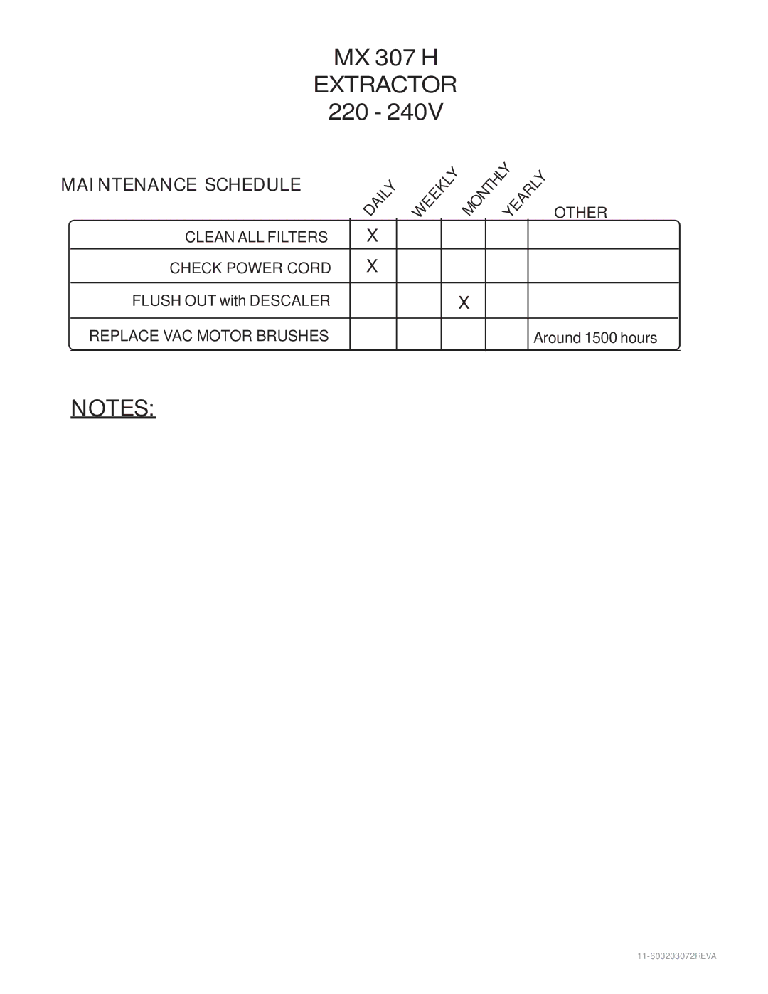 Nilfisk-Advance America MX 307 H Extractor, Maintenance Schedule, Clean ALL Filters Check Power Cord, Other 