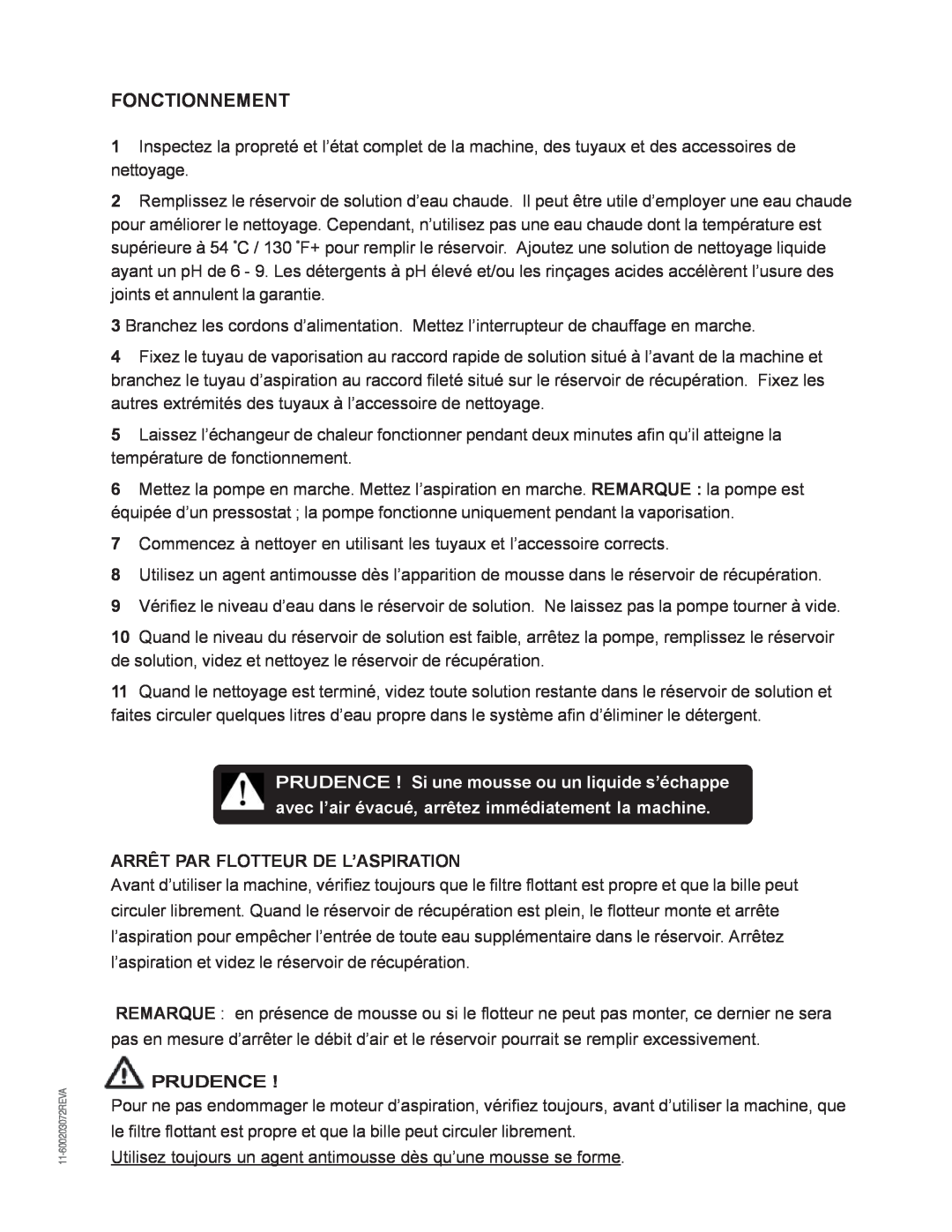 Nilfisk-Advance America MX 307 H instruction manual Fonctionnement, Arrêt Par Flotteur De L’Aspiration, Prudence 
