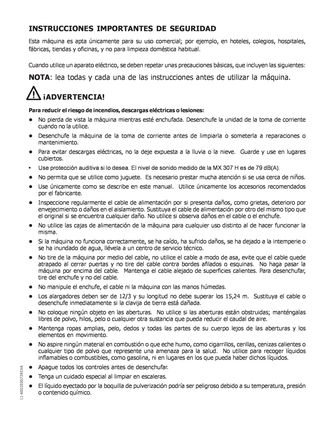 Nilfisk-Advance America MX 307 H instruction manual Instrucciones Importantes De Seguridad, ¡Advertencia 