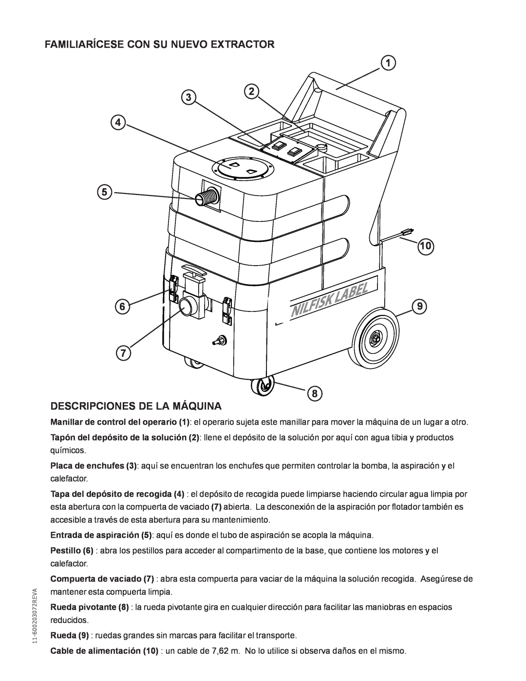 Nilfisk-Advance America MX 307 H instruction manual Familiarícese Con Su Nuevo Extractor, Descripciones De La Máquina 
