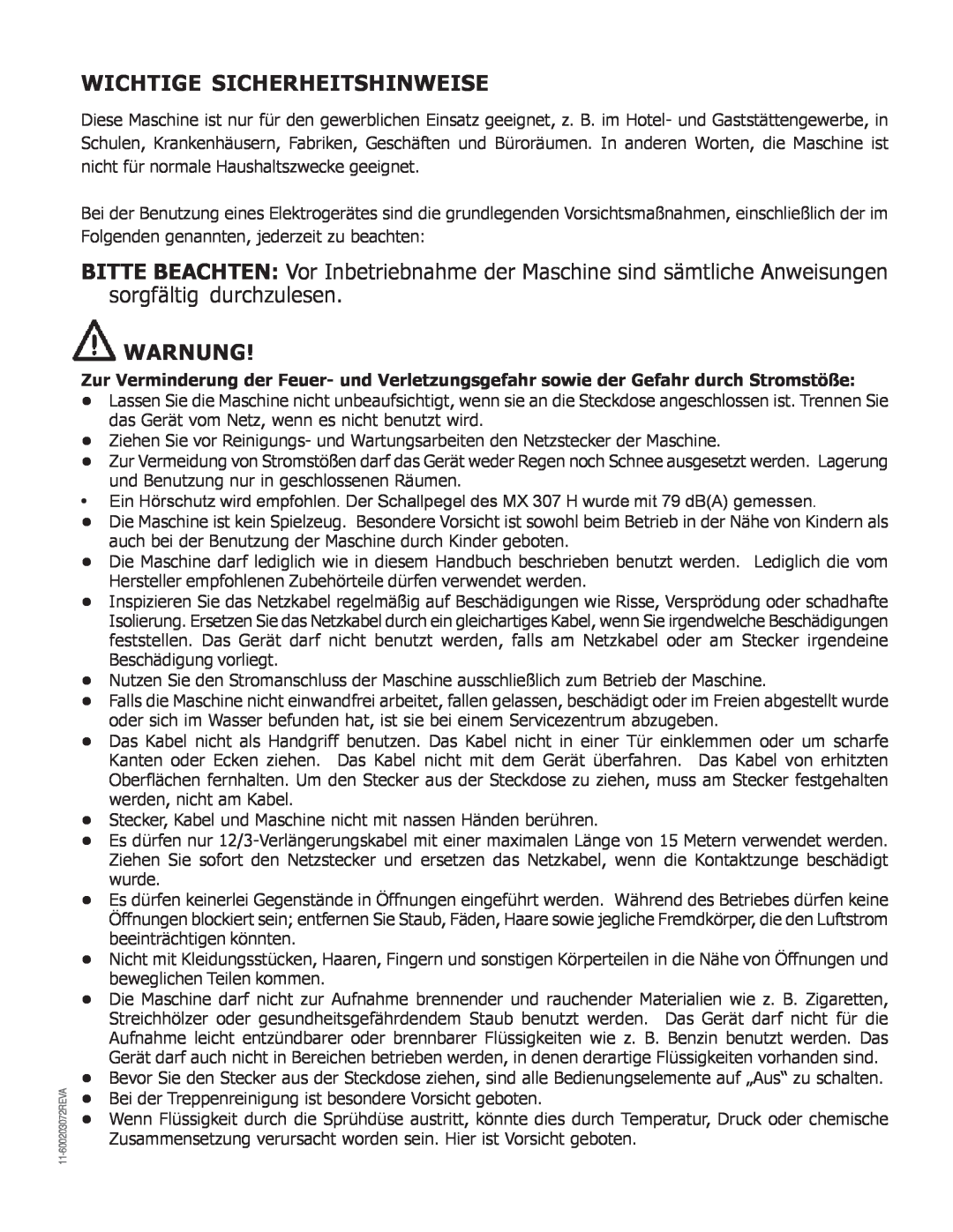 Nilfisk-Advance America MX 307 H instruction manual Wichtige Sicherheitshinweise, Warnung 