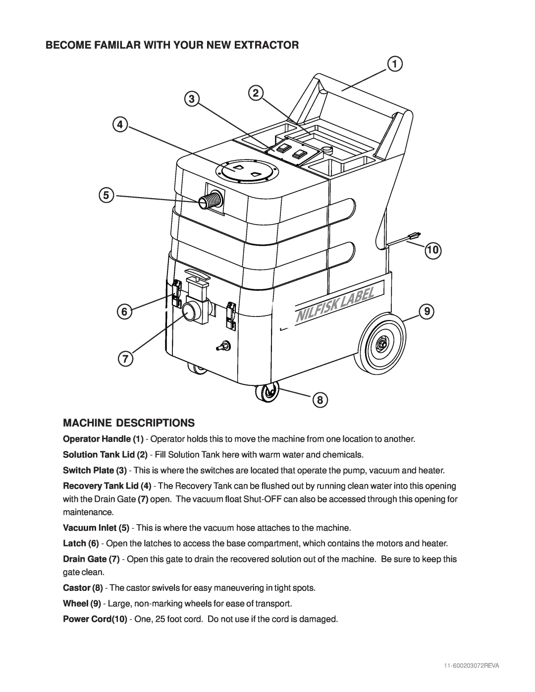 Nilfisk-Advance America MX 307 H instruction manual BECOME FAMILAR WITH YOUR NEW EXTRACTOR 1 3, 6 7 8 MACHINE DESCRIPTIONS 
