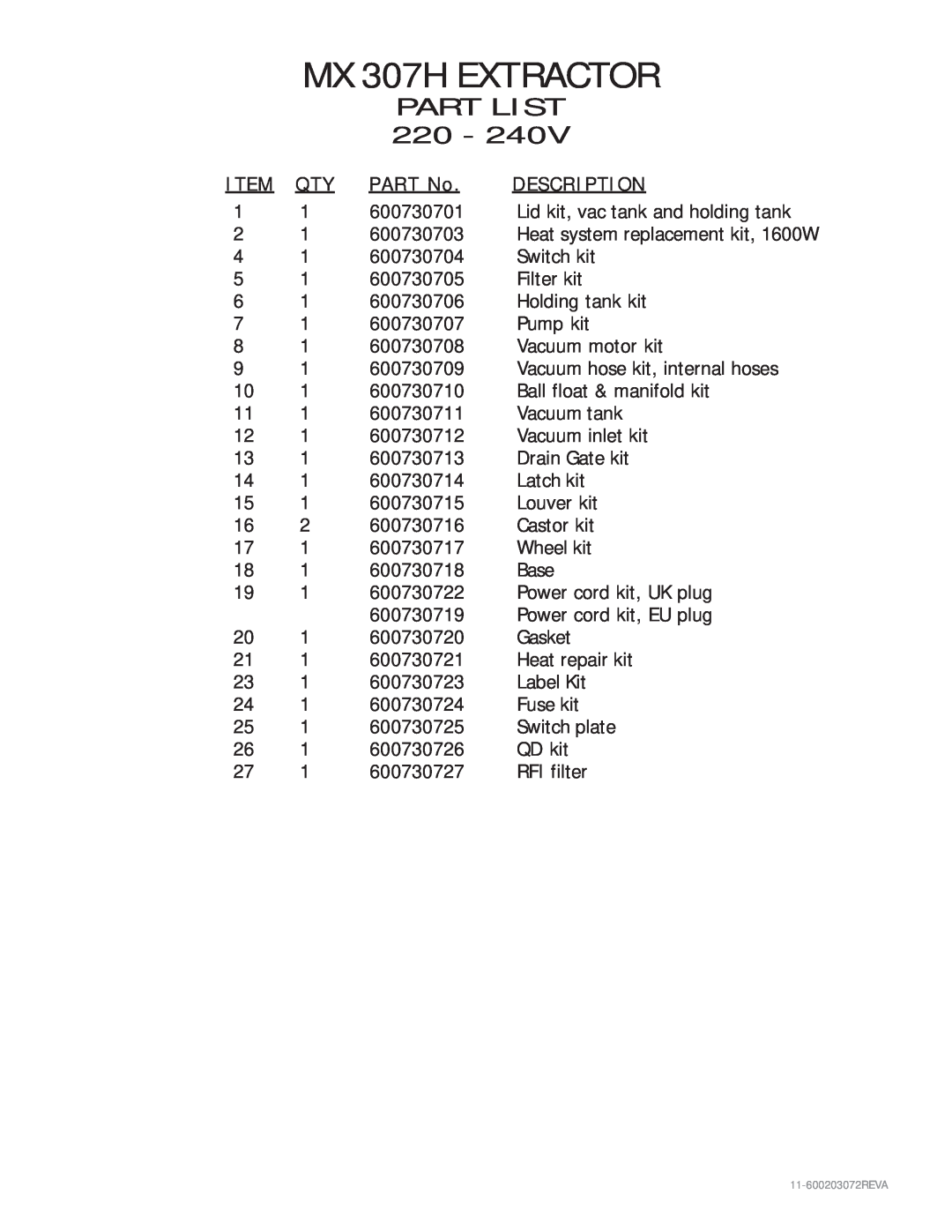 Nilfisk-Advance America MX 307 H instruction manual Description, MX 307H EXTRACTOR, Part List 