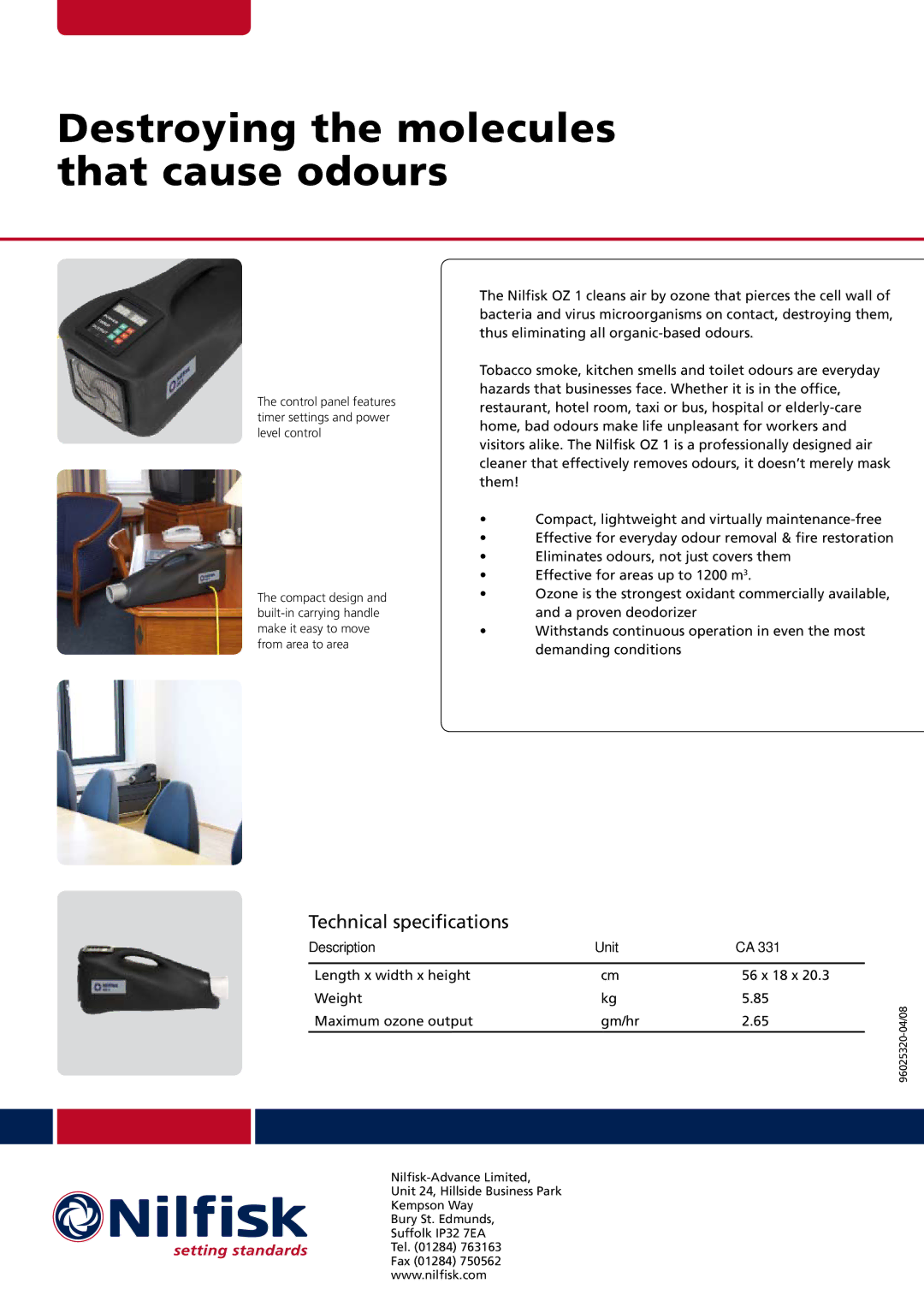 Nilfisk-Advance America Nilfisk OZ 1 manual Destroying the molecules that cause odours, Technical specifications 