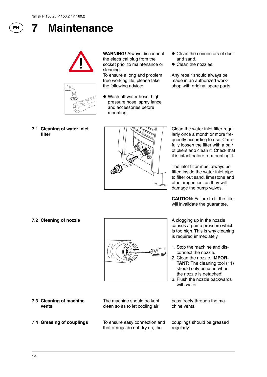 Nilfisk-Advance America P 150.2, P 130.2, P 160.2 user manual EN 7 Maintenance, Vents, Greasing of couplings 