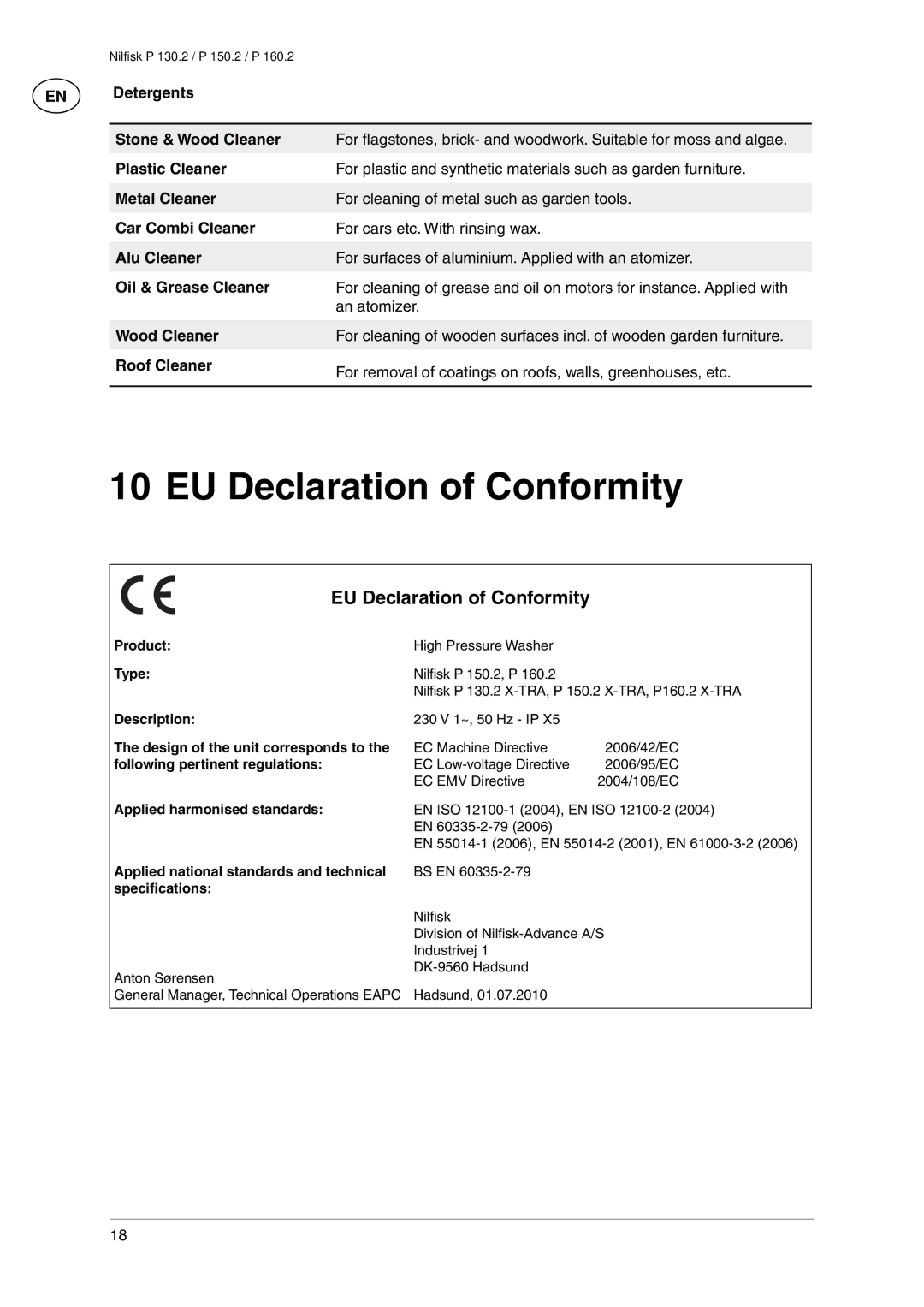 Nilfisk-Advance America P 130.2, P 160.2, P 150.2 user manual EU Declaration of Conformity 