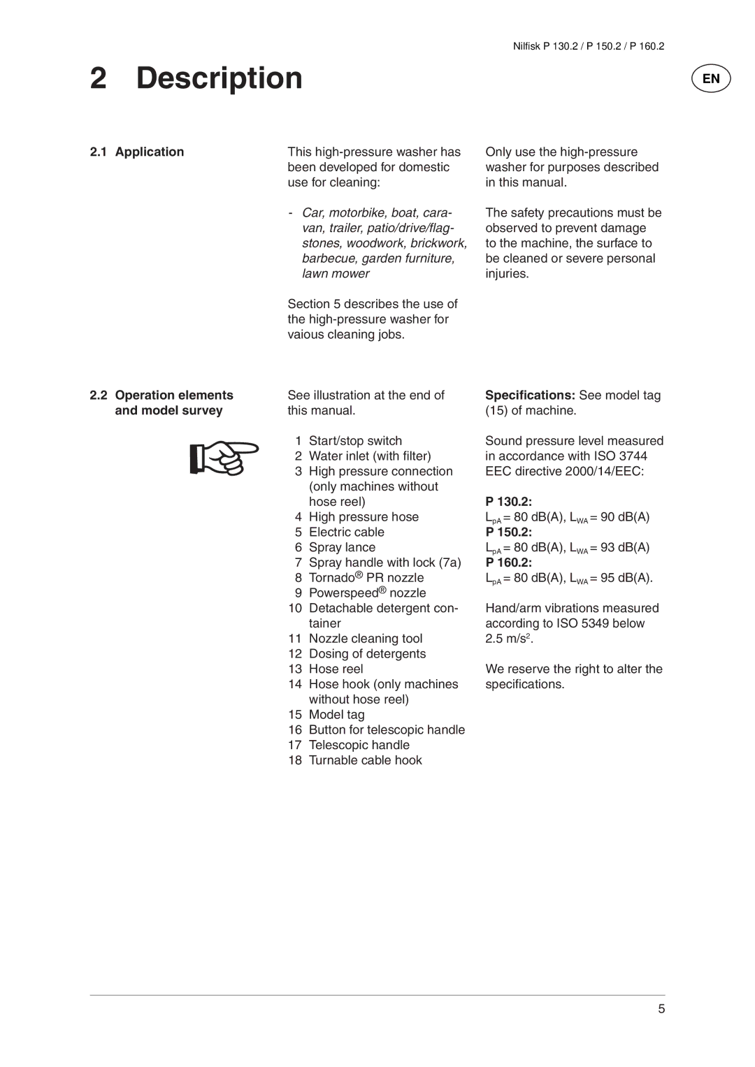 Nilfisk-Advance America P 150.2, P 130.2, P 160.2 user manual Description 