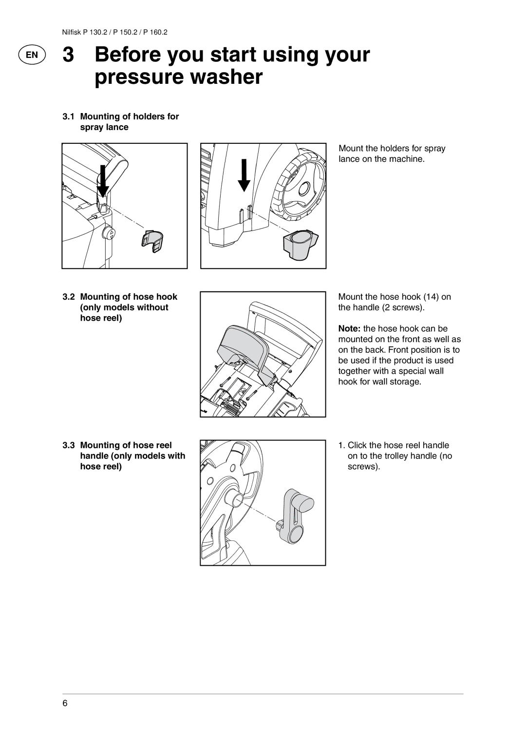 Nilfisk-Advance America P 130.2 EN 3 Before you start using your pressure washer, Mounting of holders for spray lance 