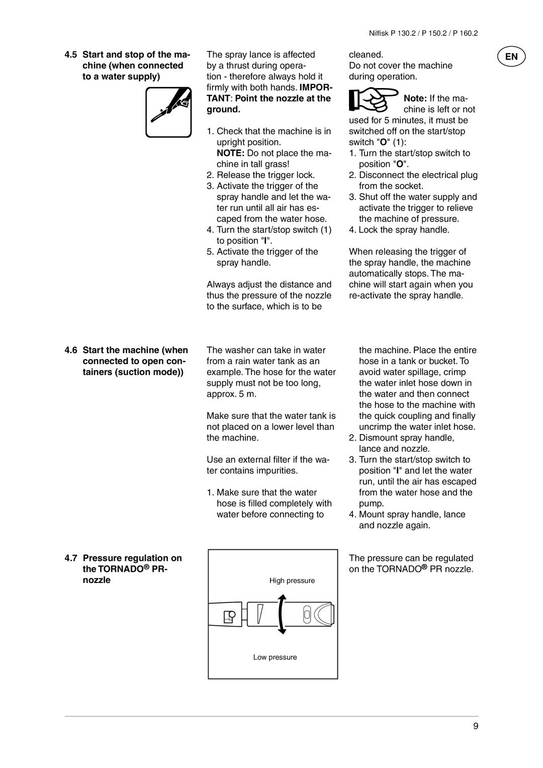 Nilfisk-Advance America P 130.2, P 160.2, P 150.2 user manual Pressure regulation on the Tornado PR- nozzle 