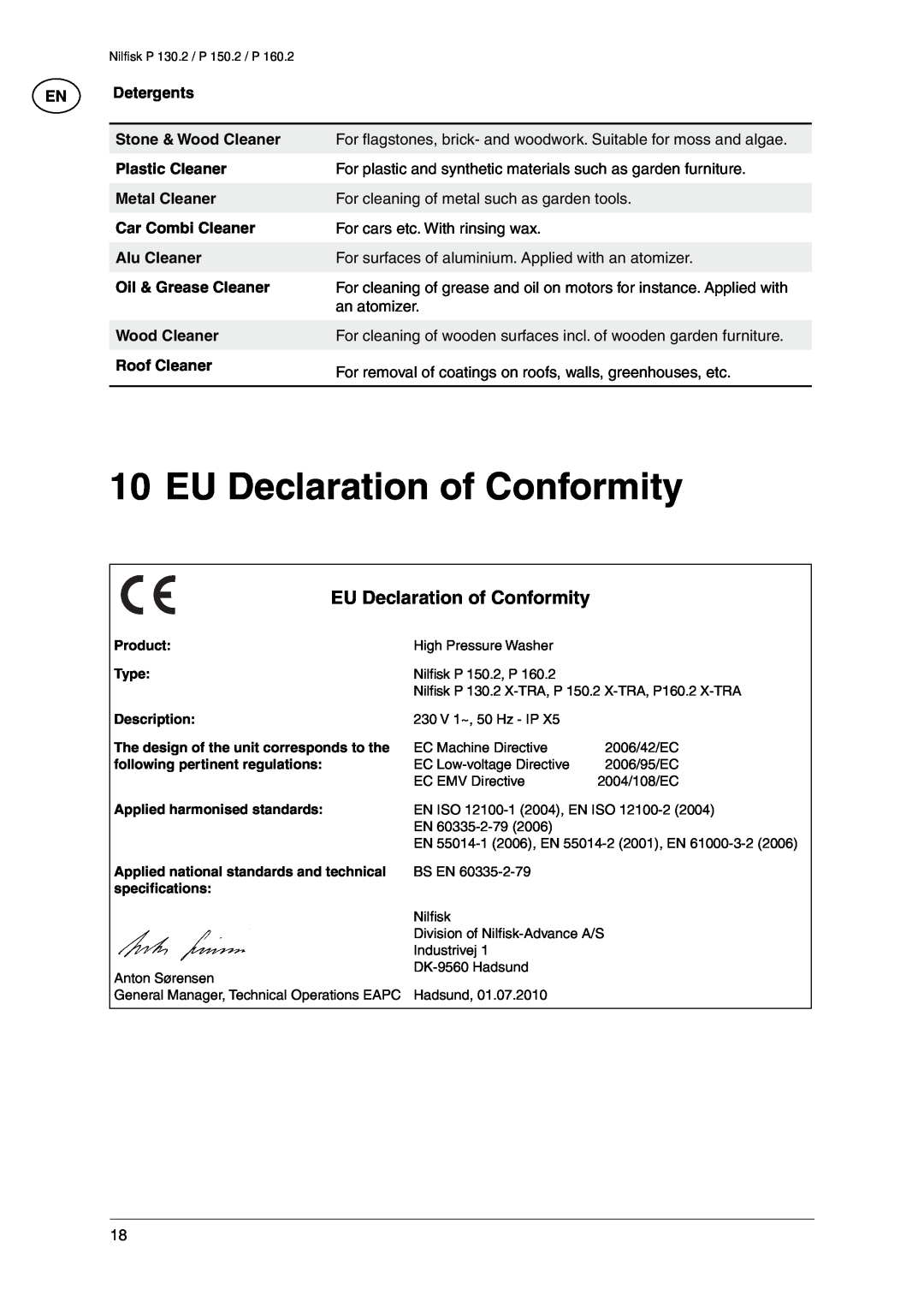 Nilfisk-Advance America P 130.2, P 160.2 EU Declaration of Conformity, Detergents, Stone & Wood Cleaner, Plastic Cleaner 