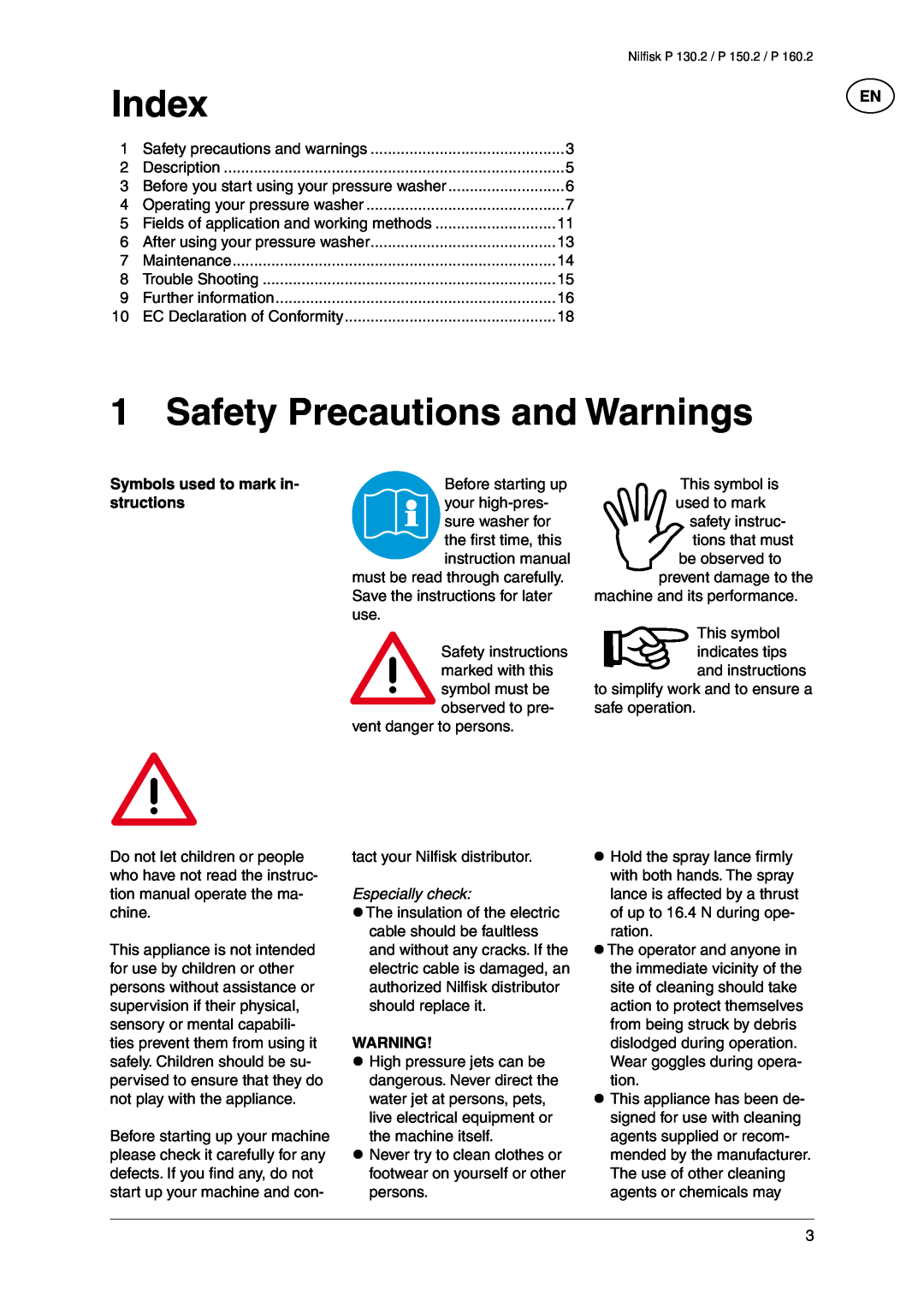 Nilfisk-Advance America P 130.2, P 160.2 Index, Safety Precautions and Warnings, Symbols used to mark in, structions 