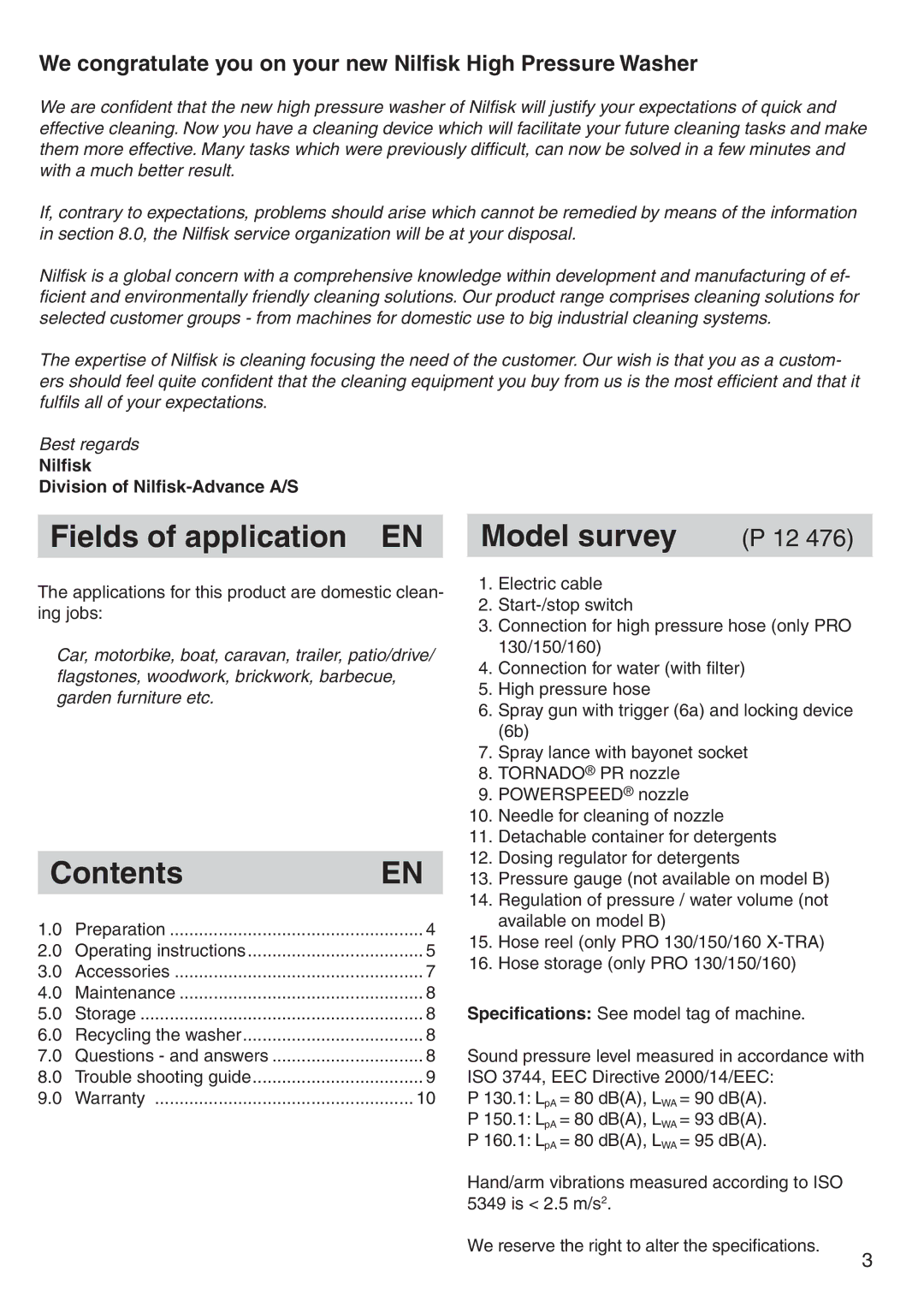 Nilfisk-Advance America P 130.1, P 150.1 user manual Fields of application EN, Contents, Model survey 