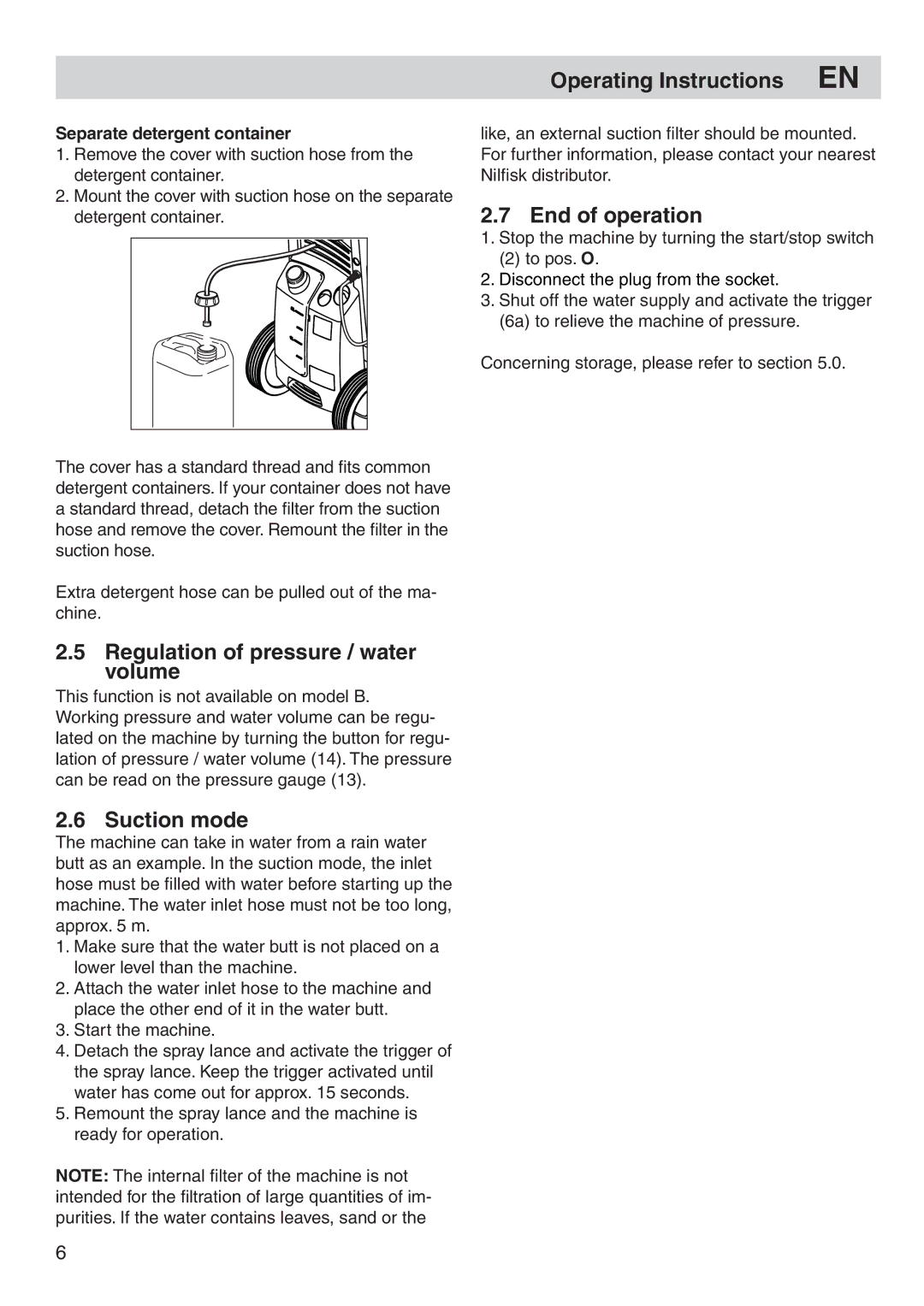 Nilfisk-Advance America P 150.1, P 130.1 Regulation of pressure / water volume, Suction mode, Operating Instructions EN 