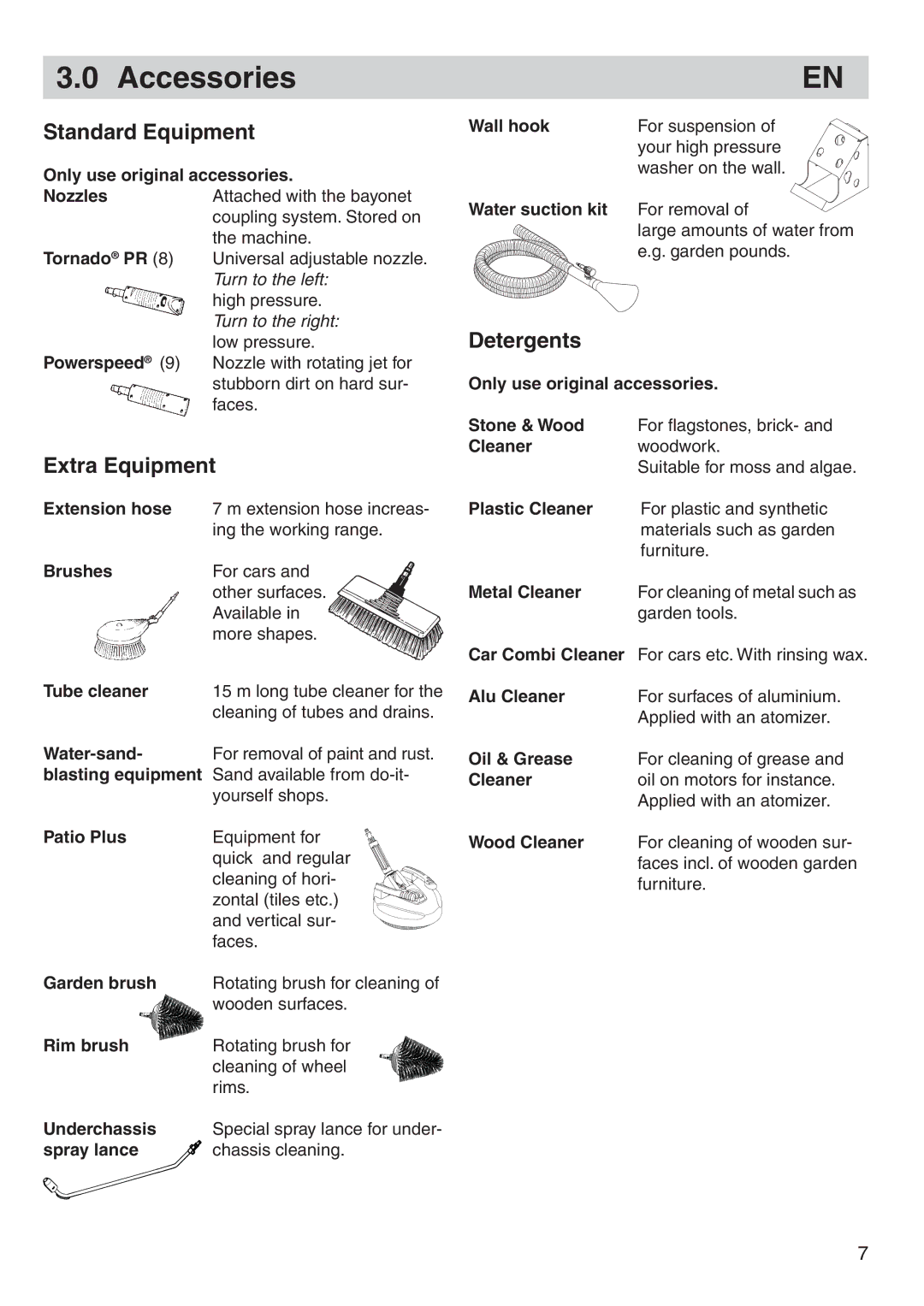 Nilfisk-Advance America P 130.1, P 150.1 user manual Accessories, Standard Equipment, Extra Equipment, Detergents 