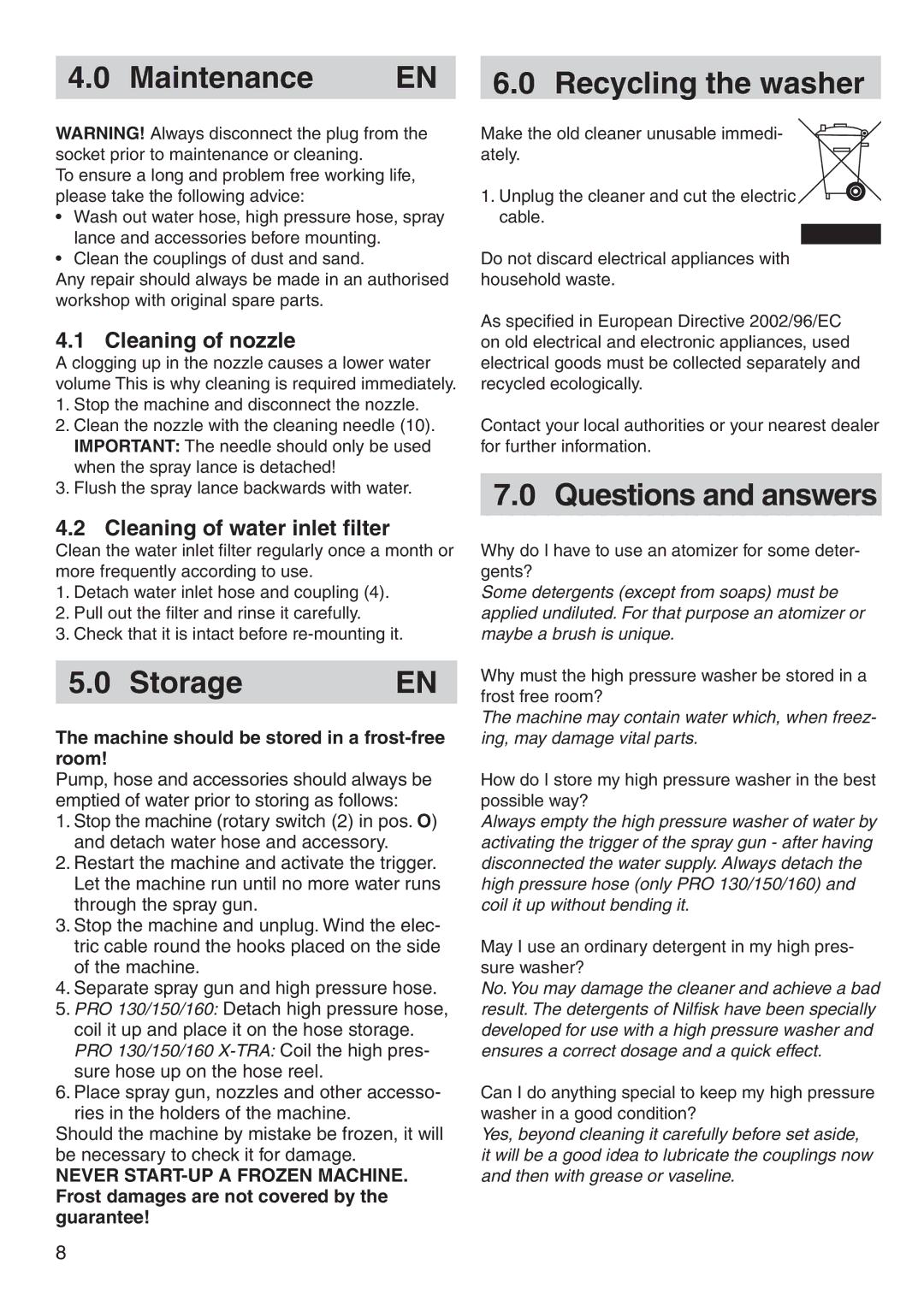 Nilfisk-Advance America P 150.1 Maintenance Recycling the washer, Storage, Questions and answers, Cleaning of nozzle 