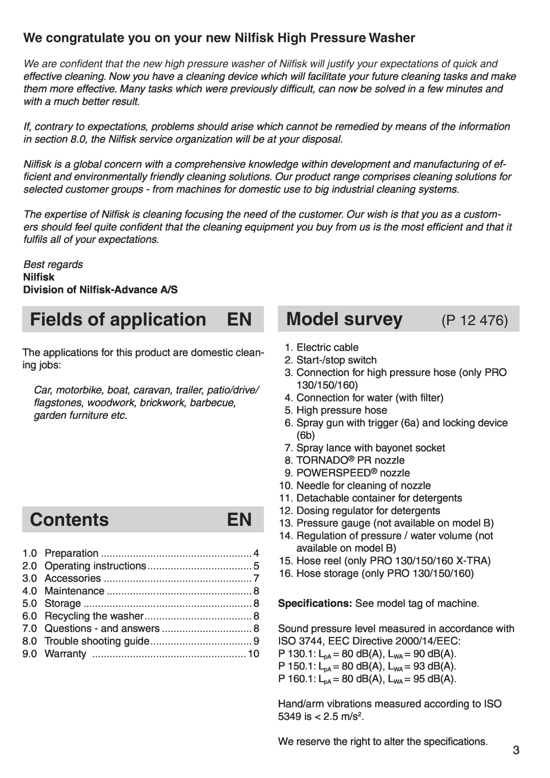 Nilfisk-Advance America P 130.1, P 150.1 user manual Fields of application EN, Contents, Model survey 