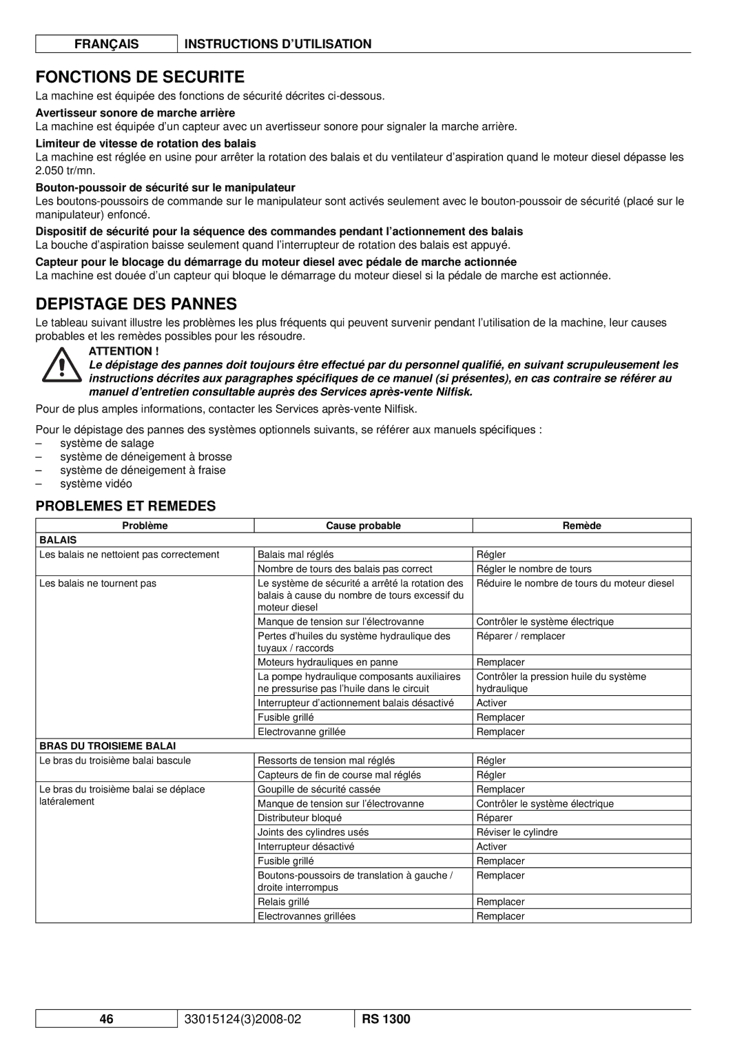 Nilfisk-Advance America RS 1300 manual Fonctions DE Securite, Depistage DES Pannes, Problemes ET Remedes 