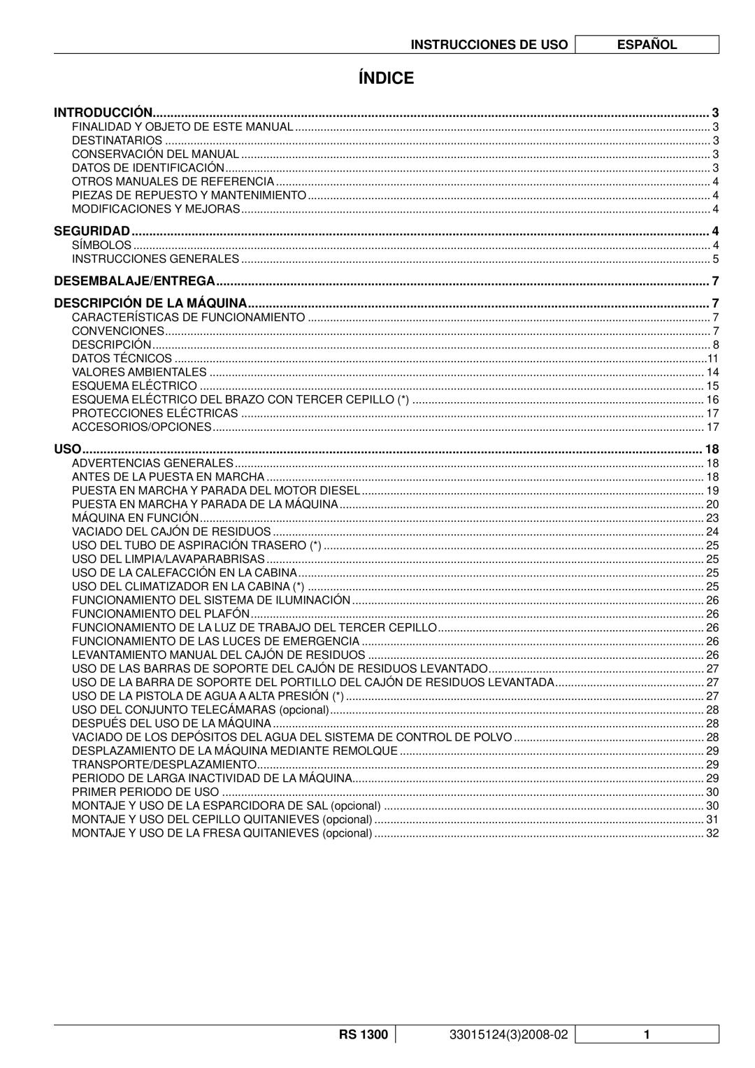 Nilfisk-Advance America RS 1300 manual Índice, Introducción 