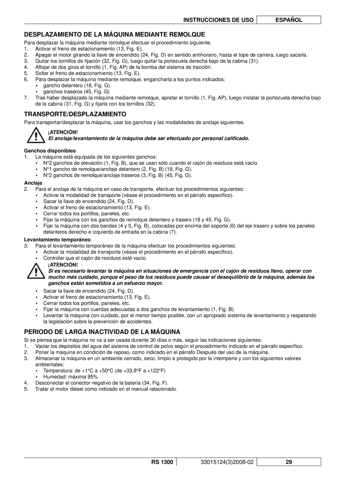 Nilfisk-Advance America RS 1300 manual Desplazamiento DE LA Máquina Mediante Remolque, Transporte/Desplazamiento 