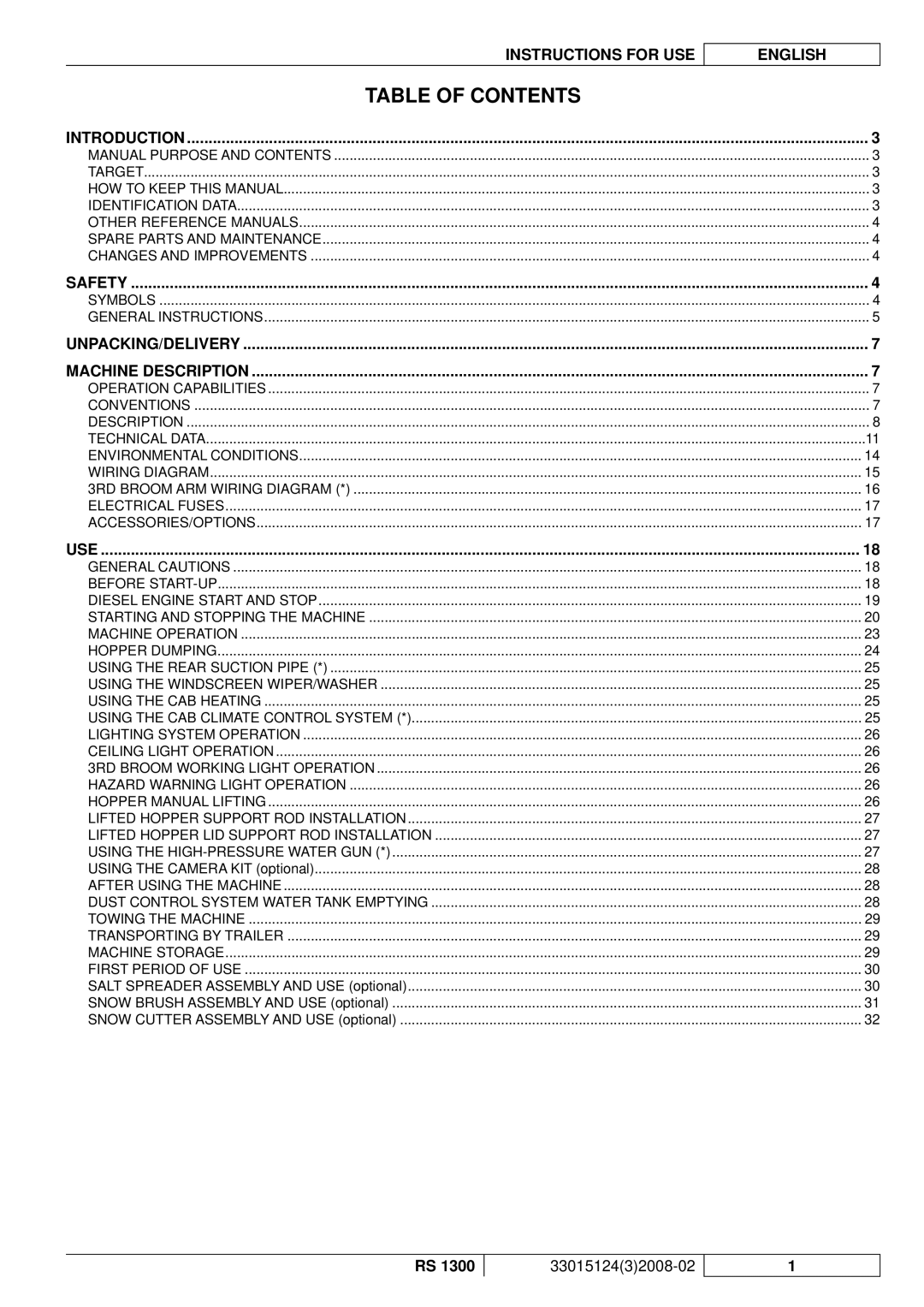 Nilfisk-Advance America RS 1300 manual Table of Contents 