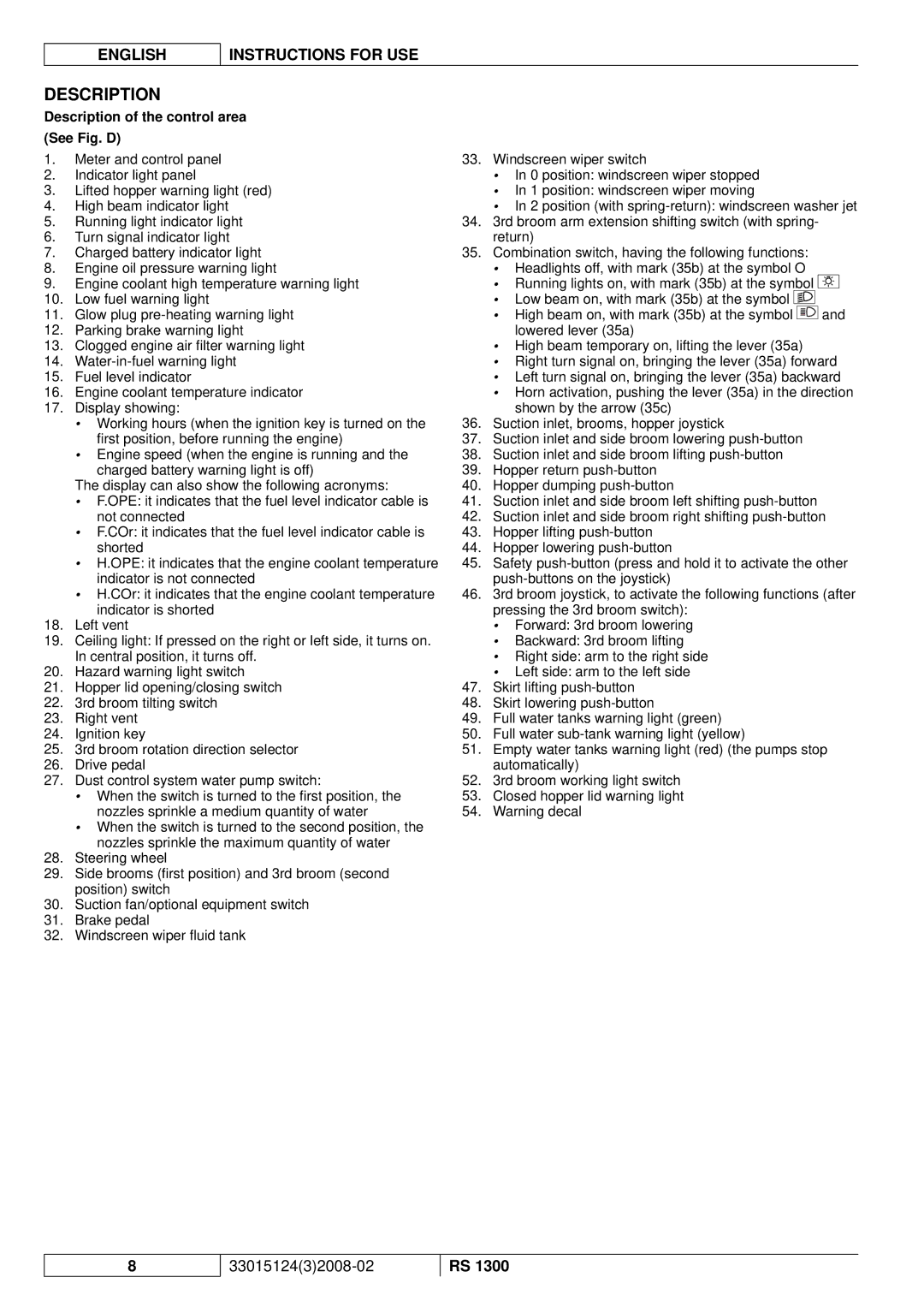 Nilfisk-Advance America RS 1300 manual Description of the control area See Fig. D 