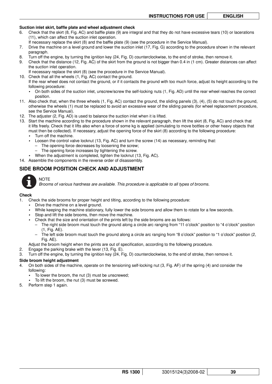 Nilfisk-Advance America RS 1300 manual Side Broom Position Check and Adjustment, Side broom height adjustment 