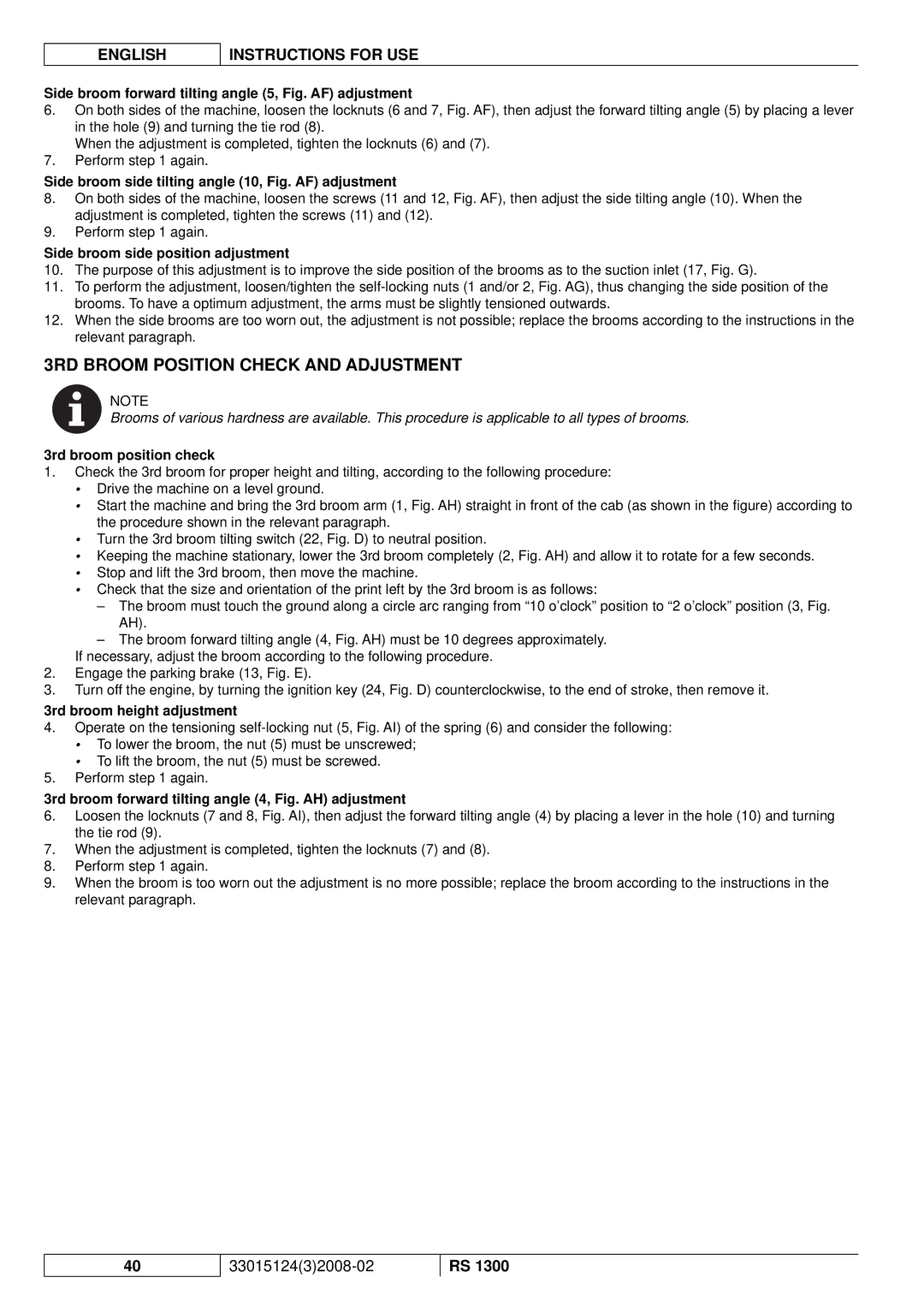 Nilfisk-Advance America RS 1300 manual 3RD Broom Position Check and Adjustment 