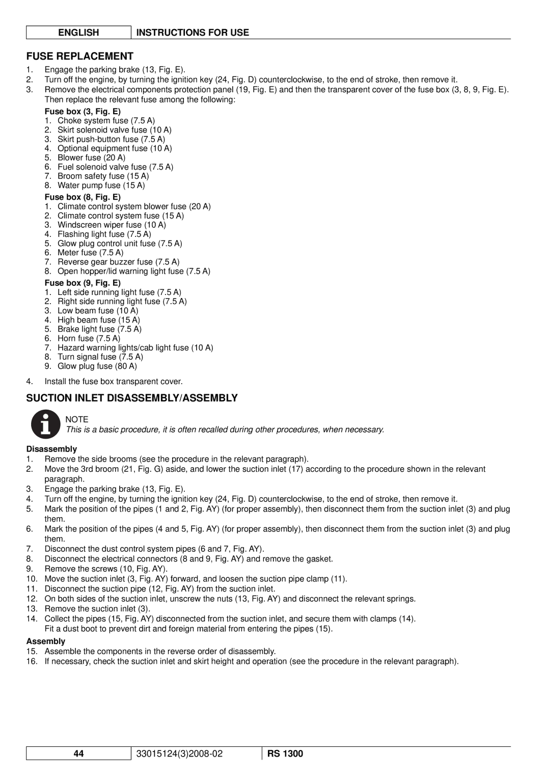 Nilfisk-Advance America RS 1300 manual Fuse Replacement, Suction Inlet DISASSEMBLY/ASSEMBLY, Disassembly, Assembly 