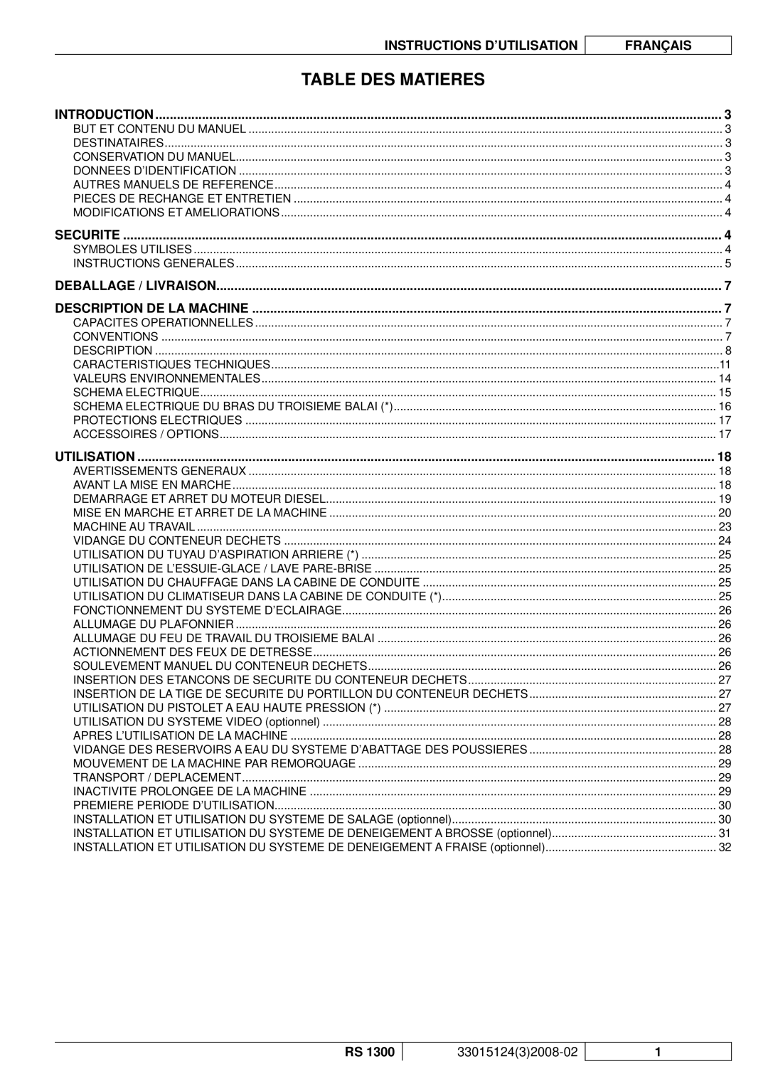 Nilfisk-Advance America RS 1300 manual Table DES Matieres, Deballage / Livraison Description DE LA Machine 