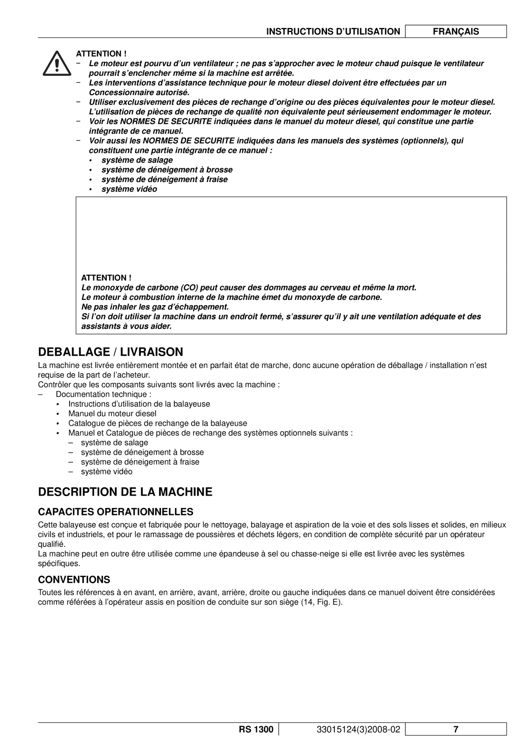 Nilfisk-Advance America RS 1300 manual Deballage / Livraison, Description DE LA Machine, Capacites Operationnelles 