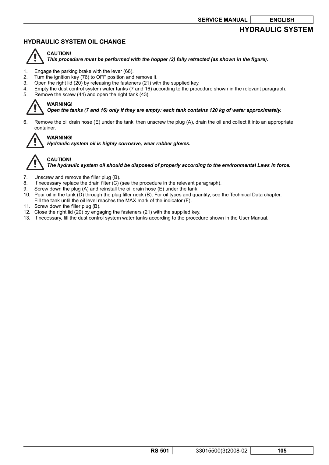 Nilfisk-Advance America RS 501 service manual Hydraulic System OIL Change 