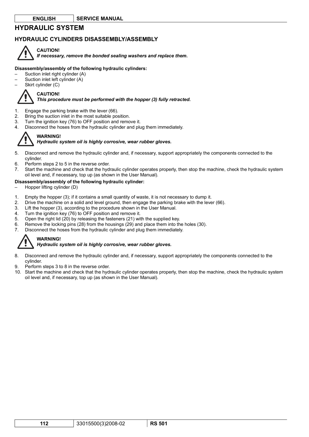 Nilfisk-Advance America RS 501 service manual Hydraulic Cylinders DISASSEMBLY/ASSEMBLY 