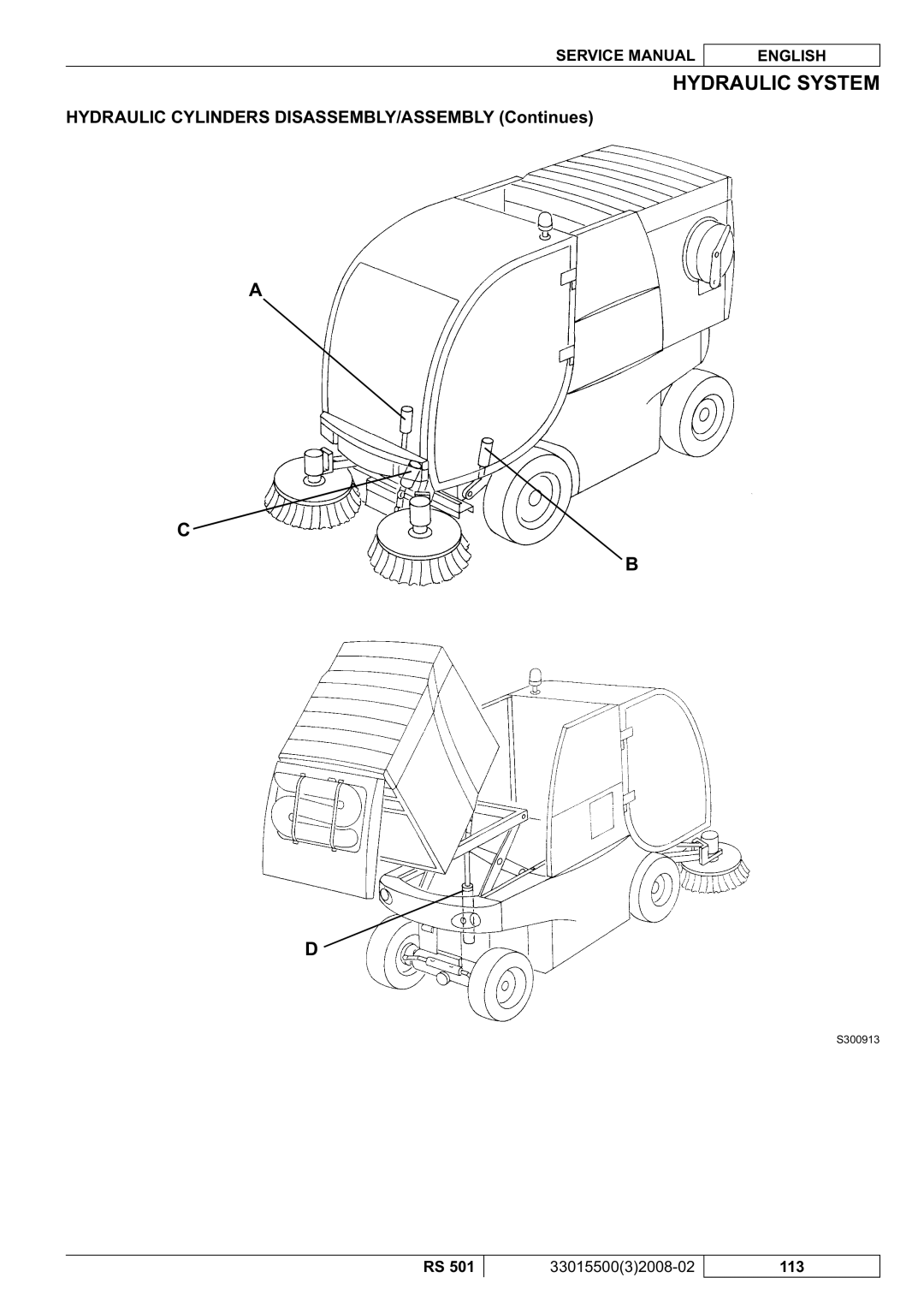 Nilfisk-Advance America RS 501 service manual Hydraulic Cylinders DISASSEMBLY/ASSEMBLY Continues 