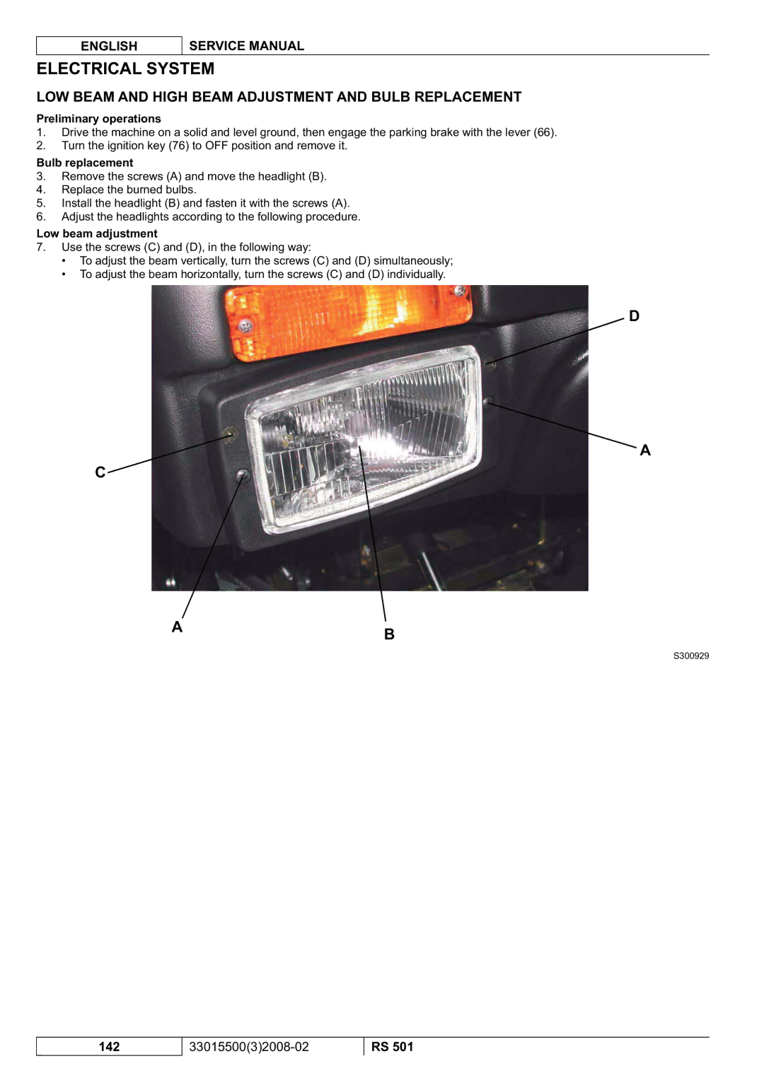 Nilfisk-Advance America RS 501 service manual LOW Beam and High Beam Adjustment and Bulb Replacement, Bulb replacement 