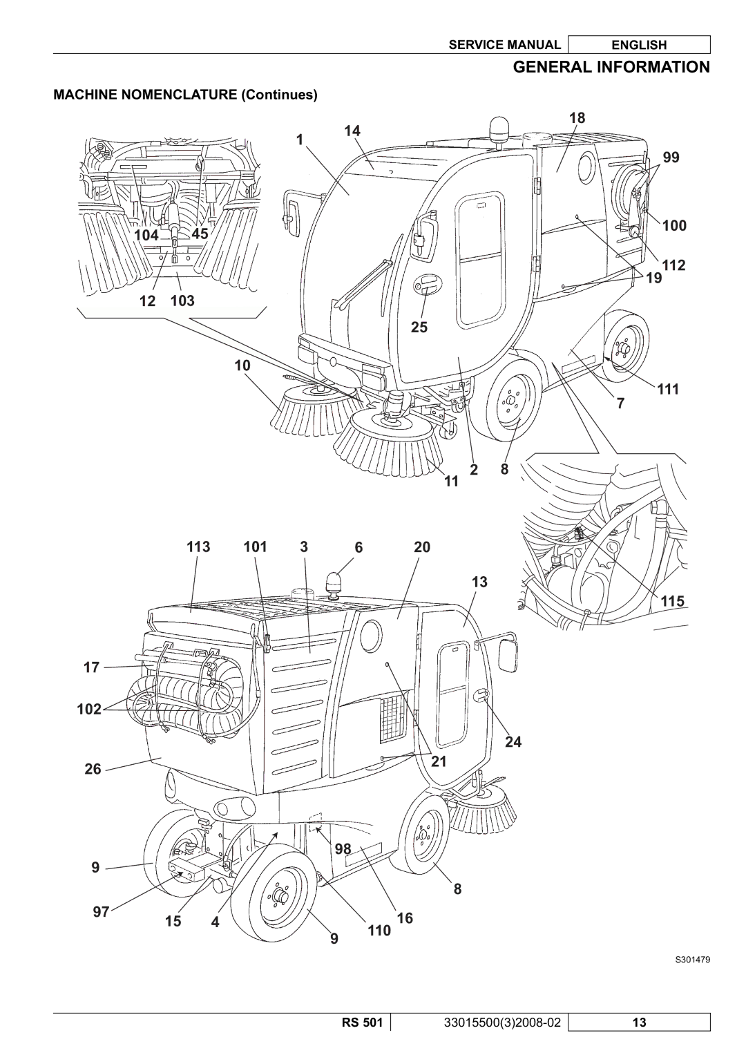 Nilfisk-Advance America RS 501 service manual 104 100 112 102 113 101 111 115 110 