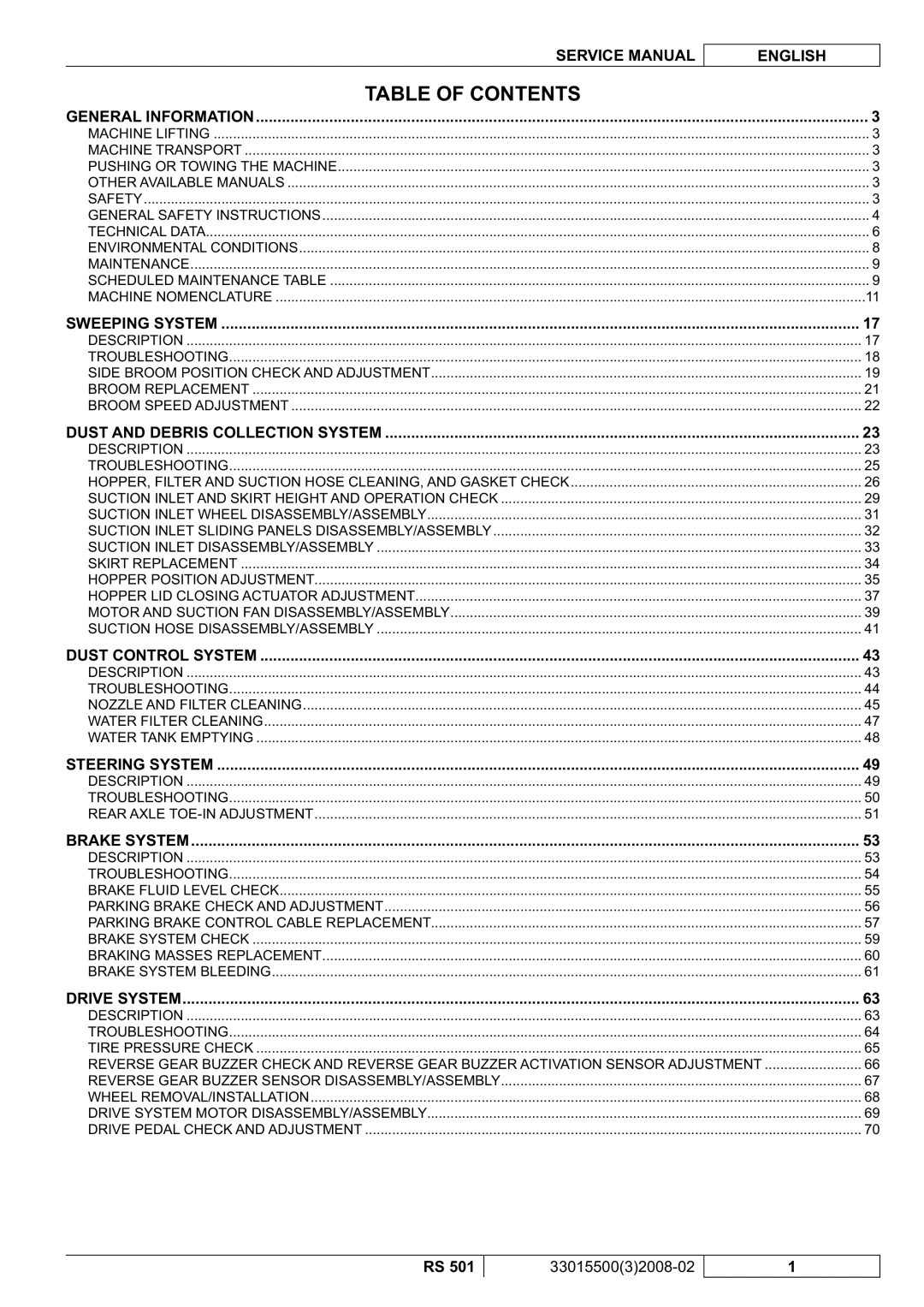 Nilfisk-Advance America RS 501 service manual Table of Contents 