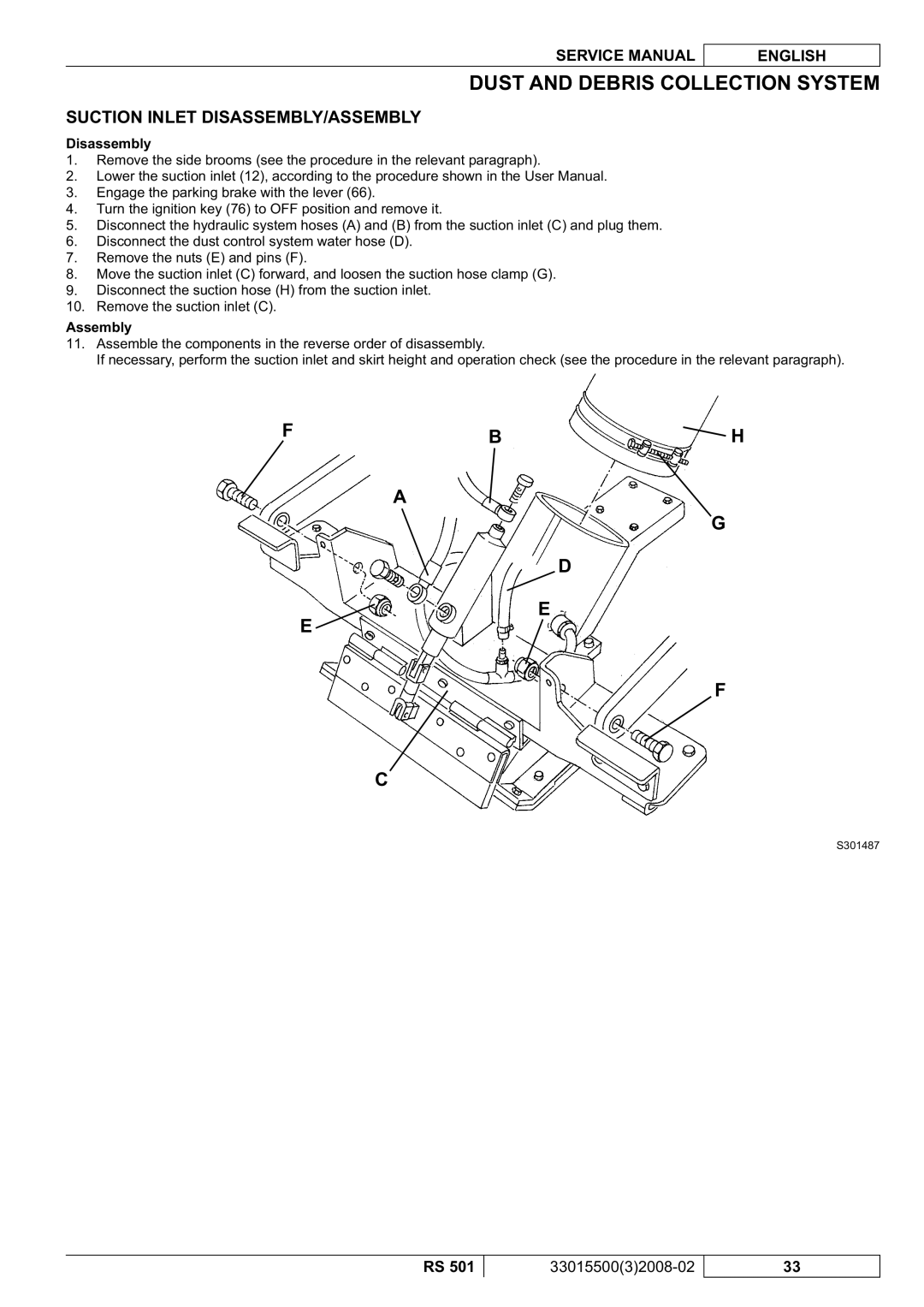 Nilfisk-Advance America RS 501 service manual Suction Inlet DISASSEMBLY/ASSEMBLY, Disassembly, Assembly 