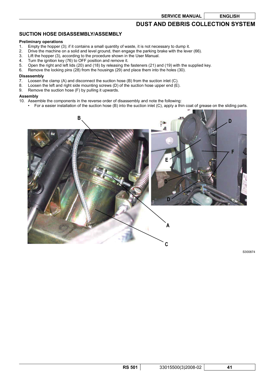 Nilfisk-Advance America RS 501 service manual Suction Hose DISASSEMBLY/ASSEMBLY, Preliminary operations 