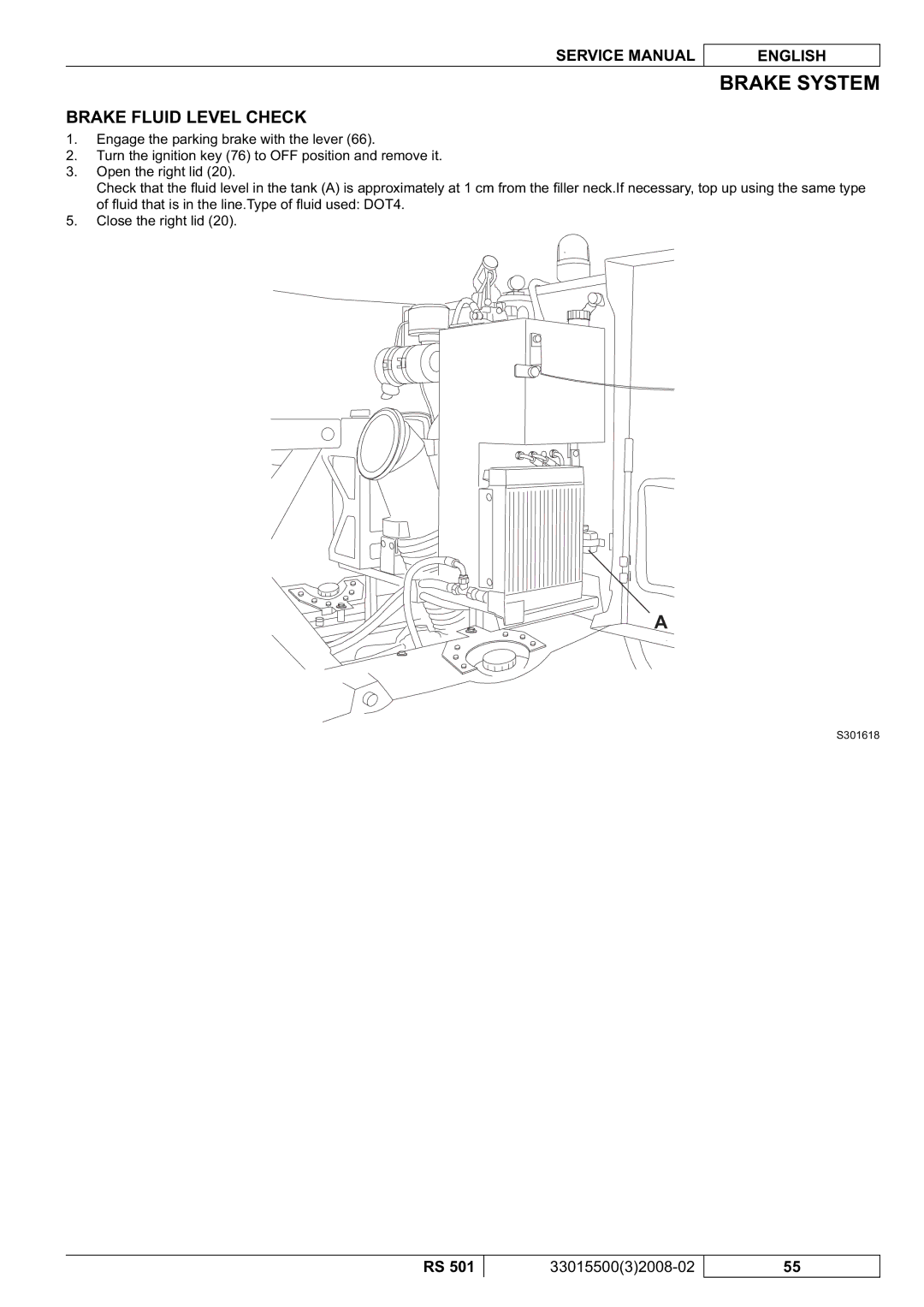 Nilfisk-Advance America RS 501 service manual Brake Fluid Level Check 