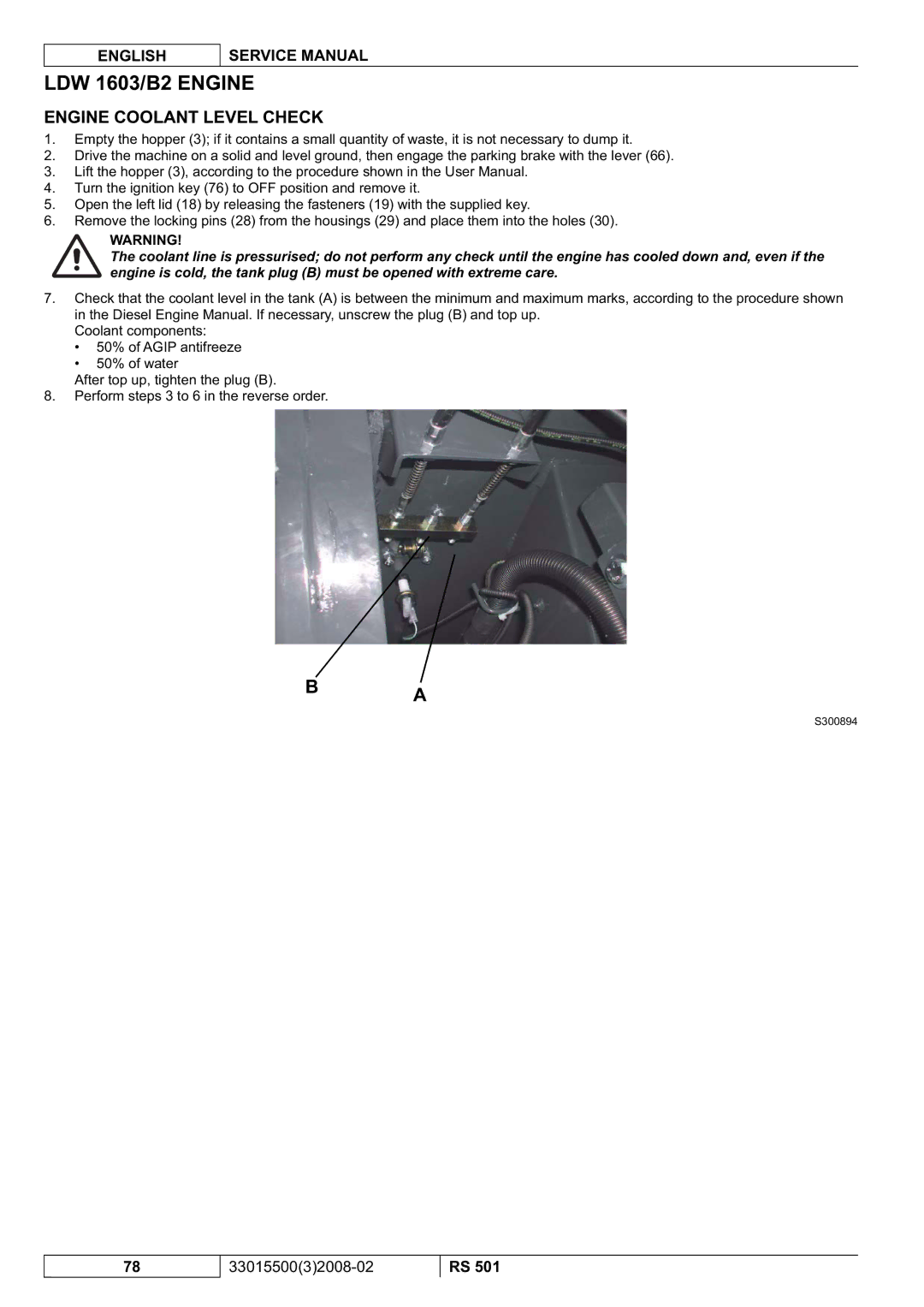 Nilfisk-Advance America RS 501 service manual Engine Coolant Level Check 