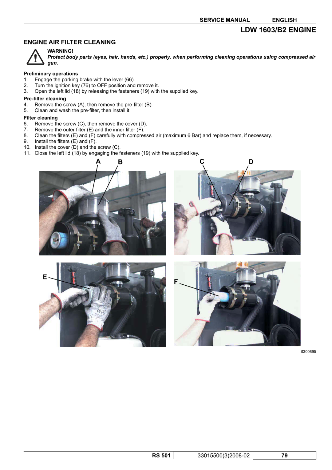 Nilfisk-Advance America RS 501 service manual Engine AIR Filter Cleaning, Pre-ﬁlter cleaning, Filter cleaning 