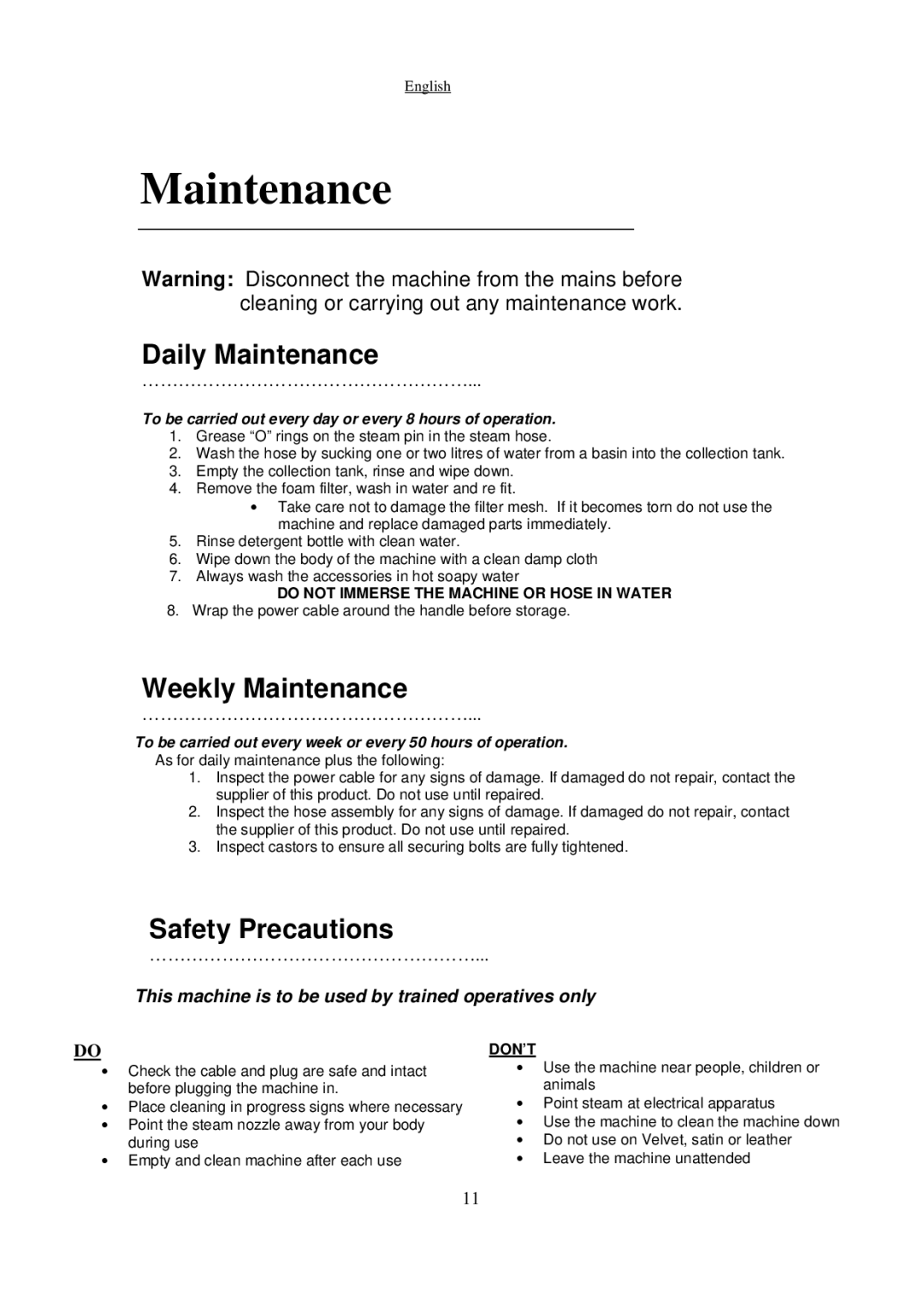 Nilfisk-Advance America SDV 4500 manual Daily Maintenance, Weekly Maintenance, Safety Precautions 