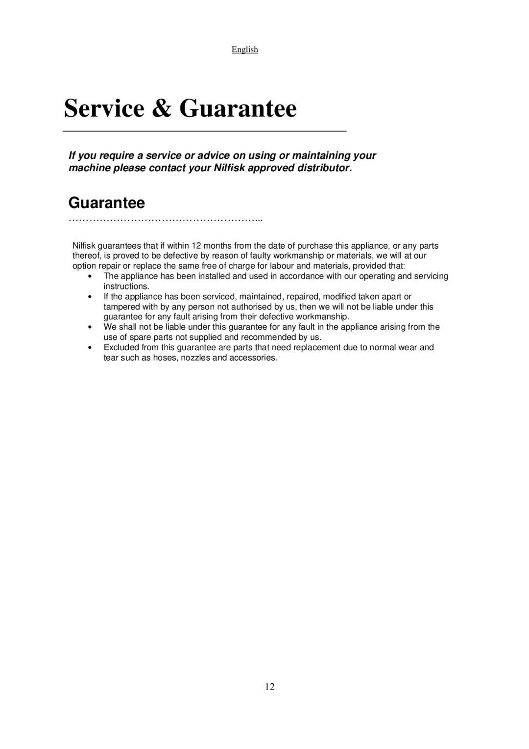 Nilfisk-Advance America SDV 4500 manual Service & Guarantee, ServiceGuarantee 