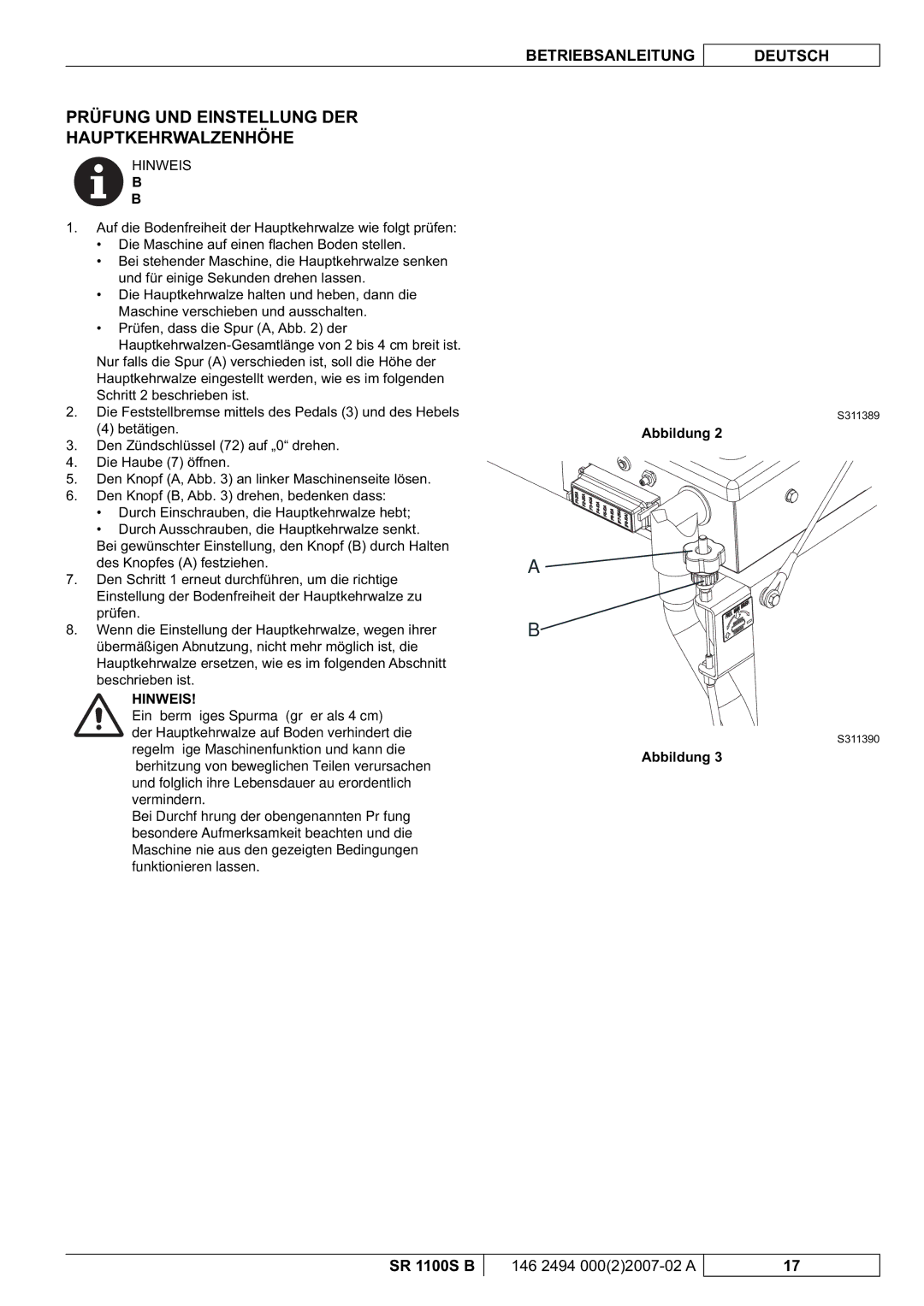 Nilfisk-Advance America SR 1100S B manual Prüfung UND Einstellung DER Hauptkehrwalzenhöhe 