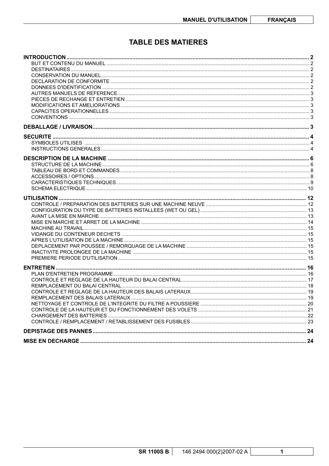 Nilfisk-Advance America SR 1100S B manual Table DES Matieres, Introduction 