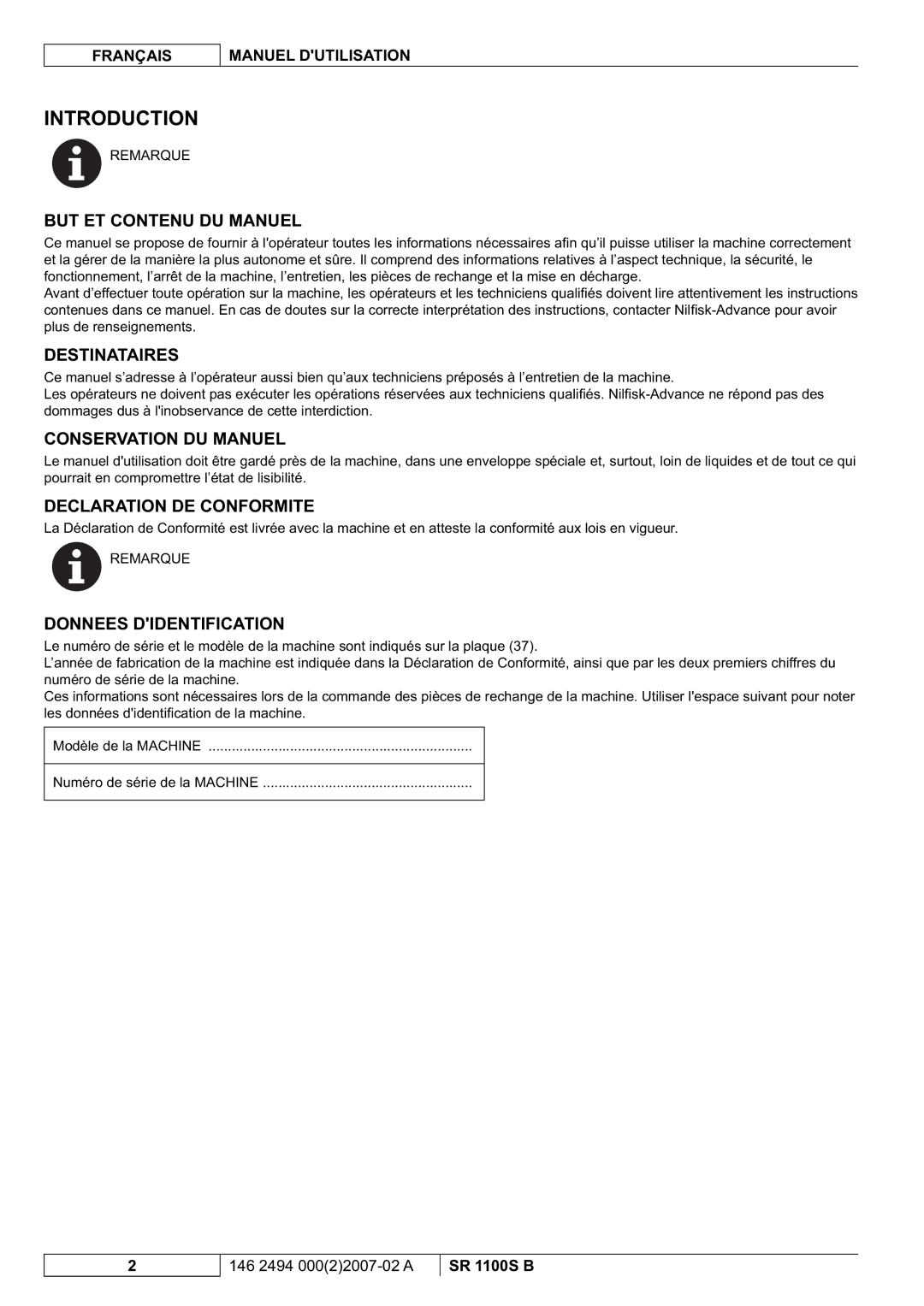 Nilfisk-Advance America SR 1100S B manual Introduction 