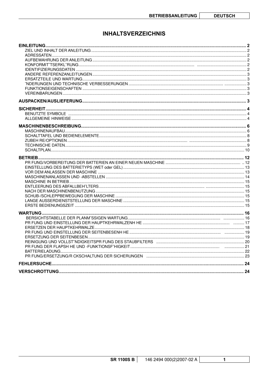 Nilfisk-Advance America SR 1100S B manual Inhaltsverzeichnis, Einleitung 