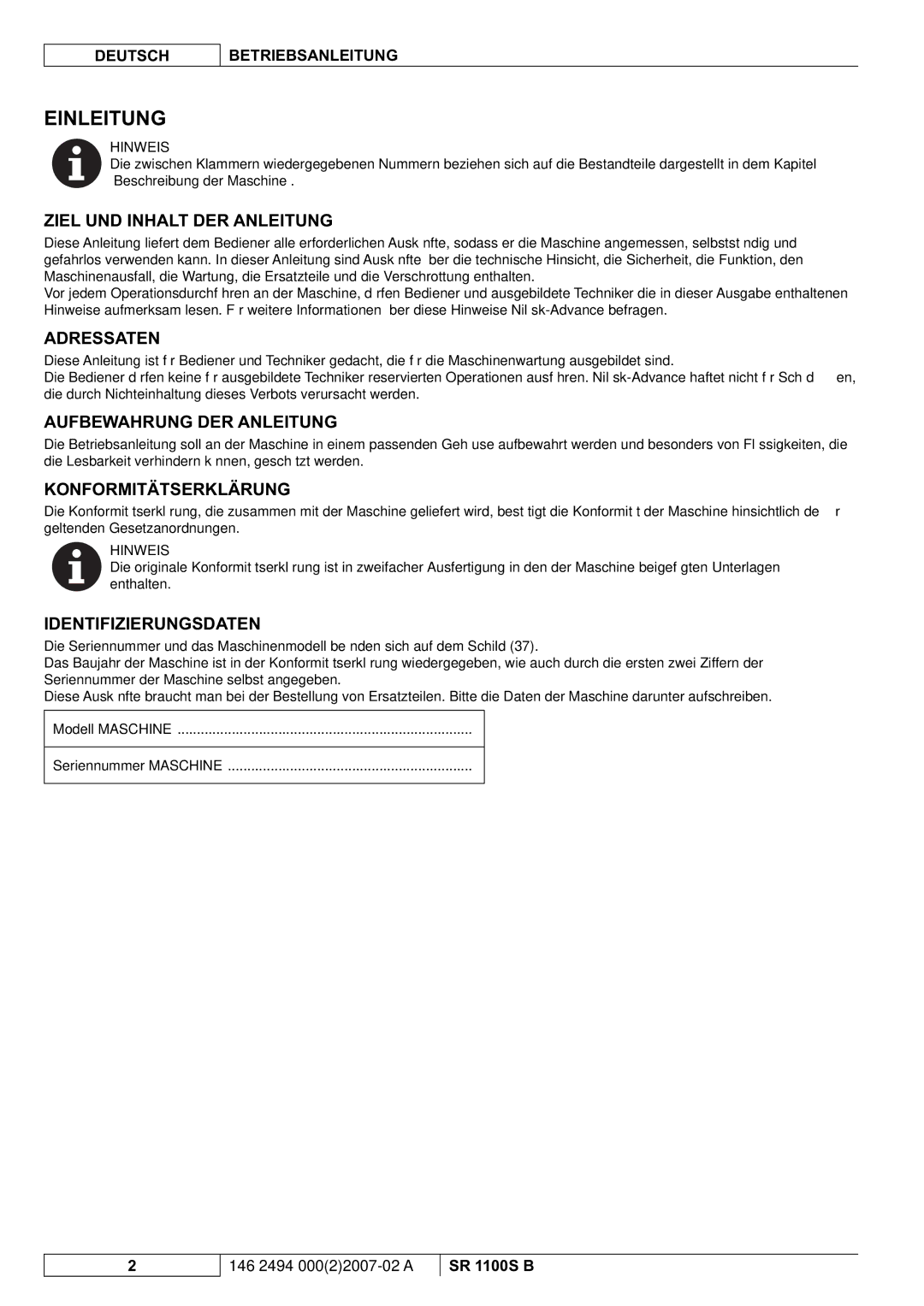 Nilfisk-Advance America SR 1100S B manual Einleitung 